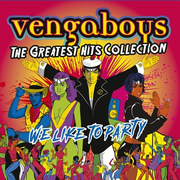 Vengaboys-Albumcover mit Cartoon-Charakteren und dem Schriftzug 'We Like To Party'.