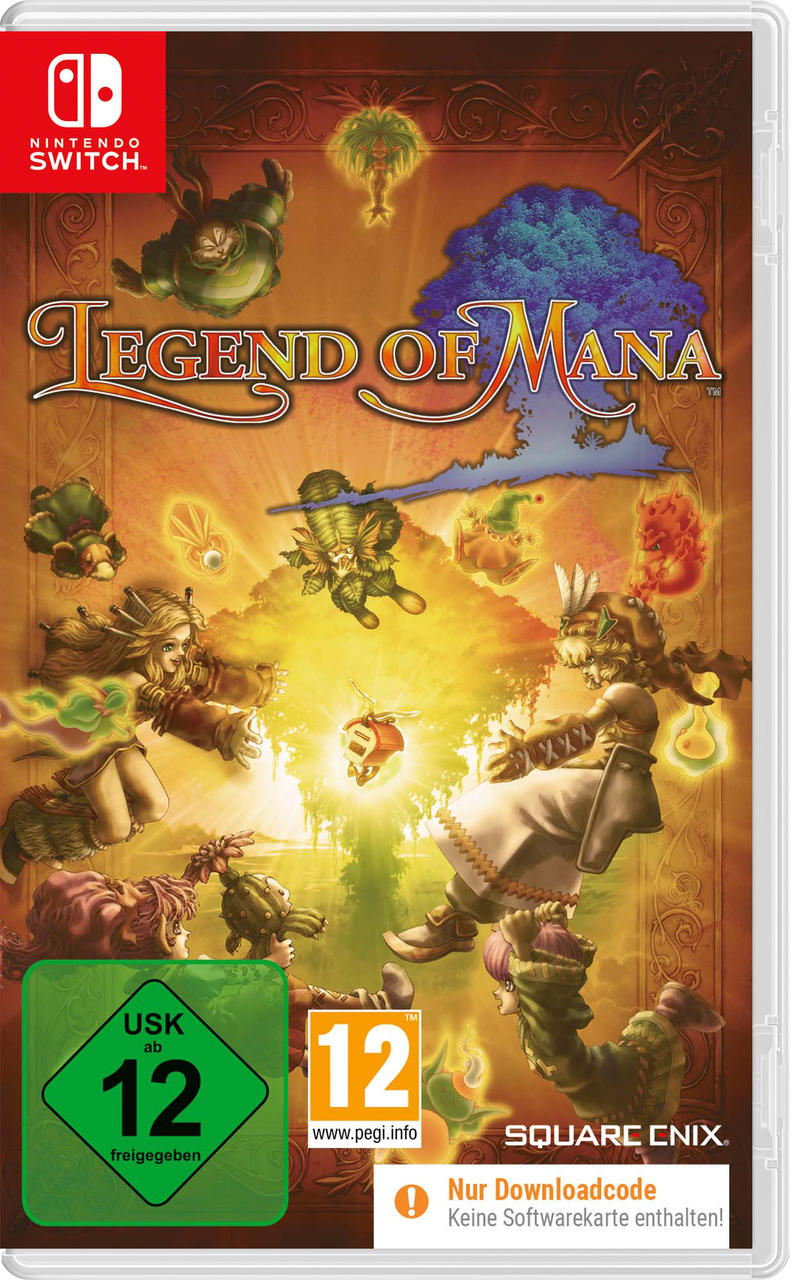 Spielcover für 'Legend of Mana' auf Nintendo Switch, mit Cartoonfiguren und einer grünen Bewertung.