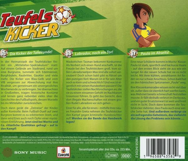 Rückseite eines Buches mit einer Fußballspieler-Illustration, deutschem Text und Logos.