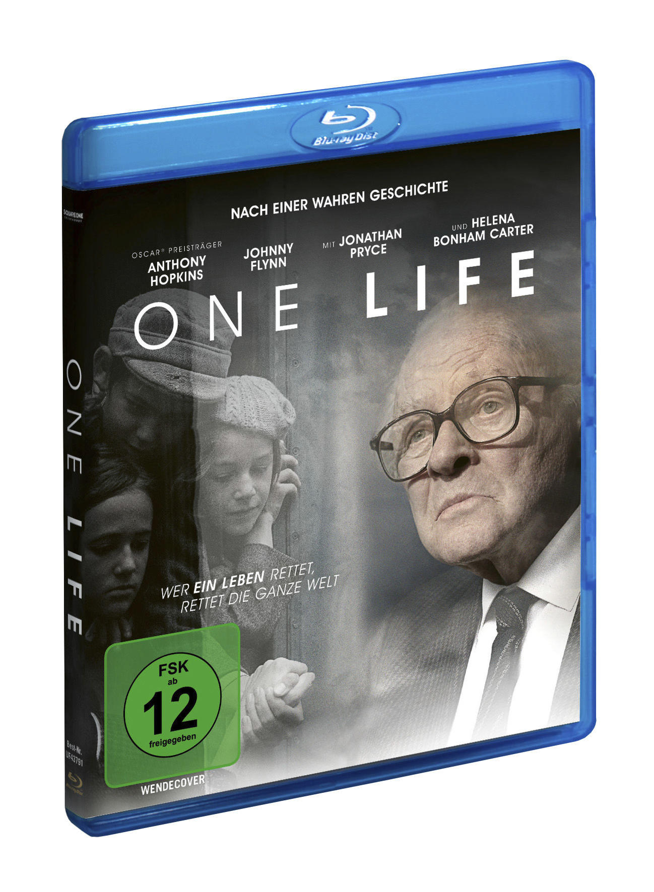 DVD-Hülle des Films "One Life" mit Anthony Hopkins. Blaue Hülle. Bild eines Mannes mit Brille.
