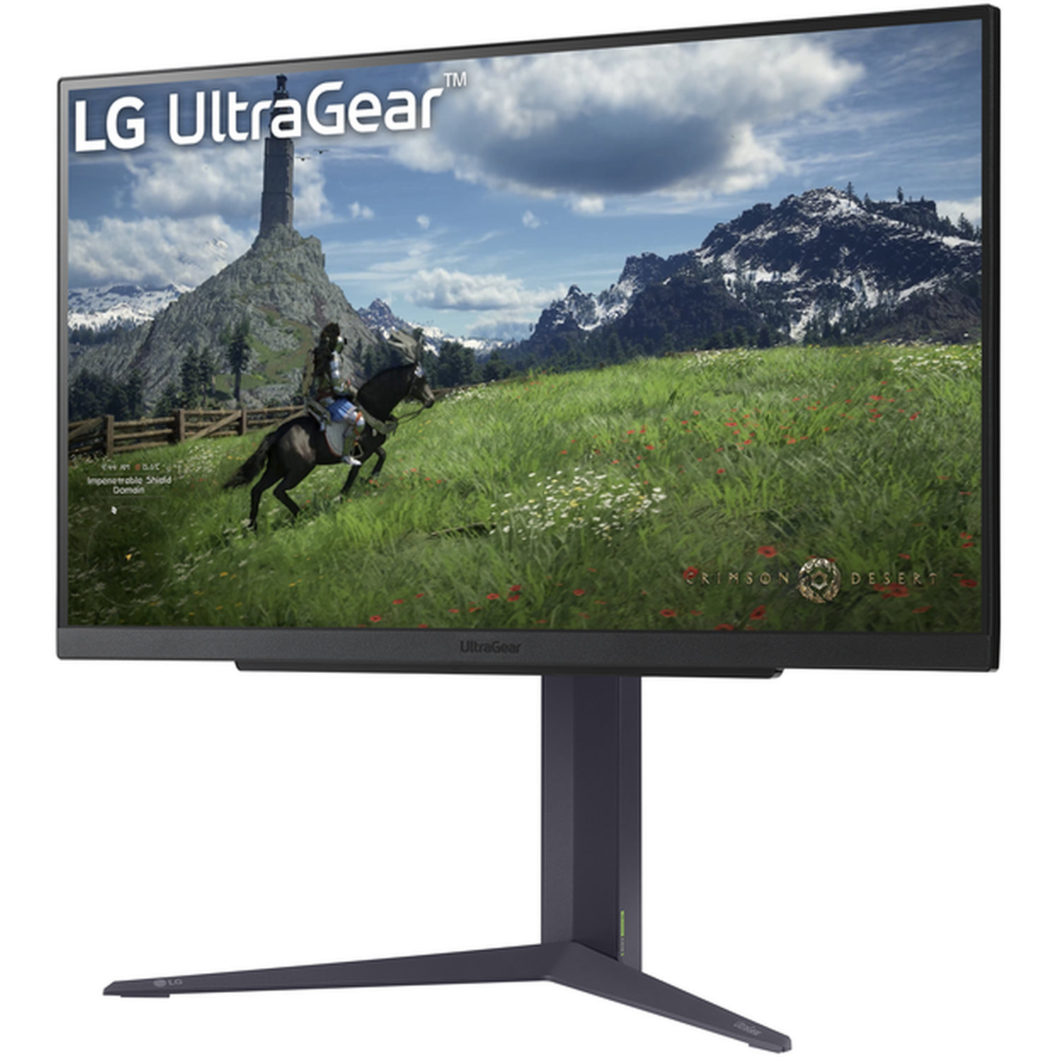 An LG UltraGear monitor shows a landscape scene with a rider on a horse. Mountains and a tower are in the background.