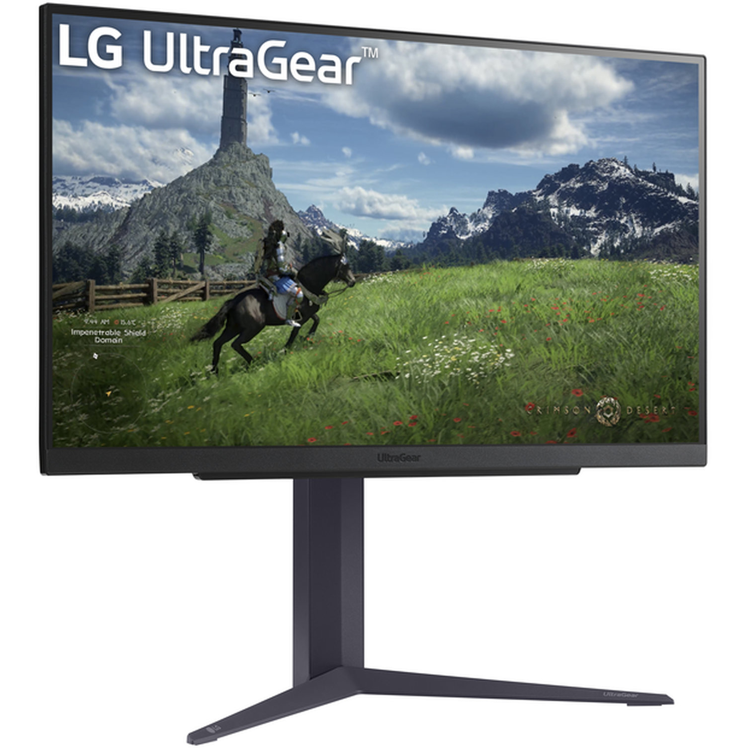 An LG UltraGear monitor displays a game scene of a knight on horseback in a grassy field, with mountains in the background.
