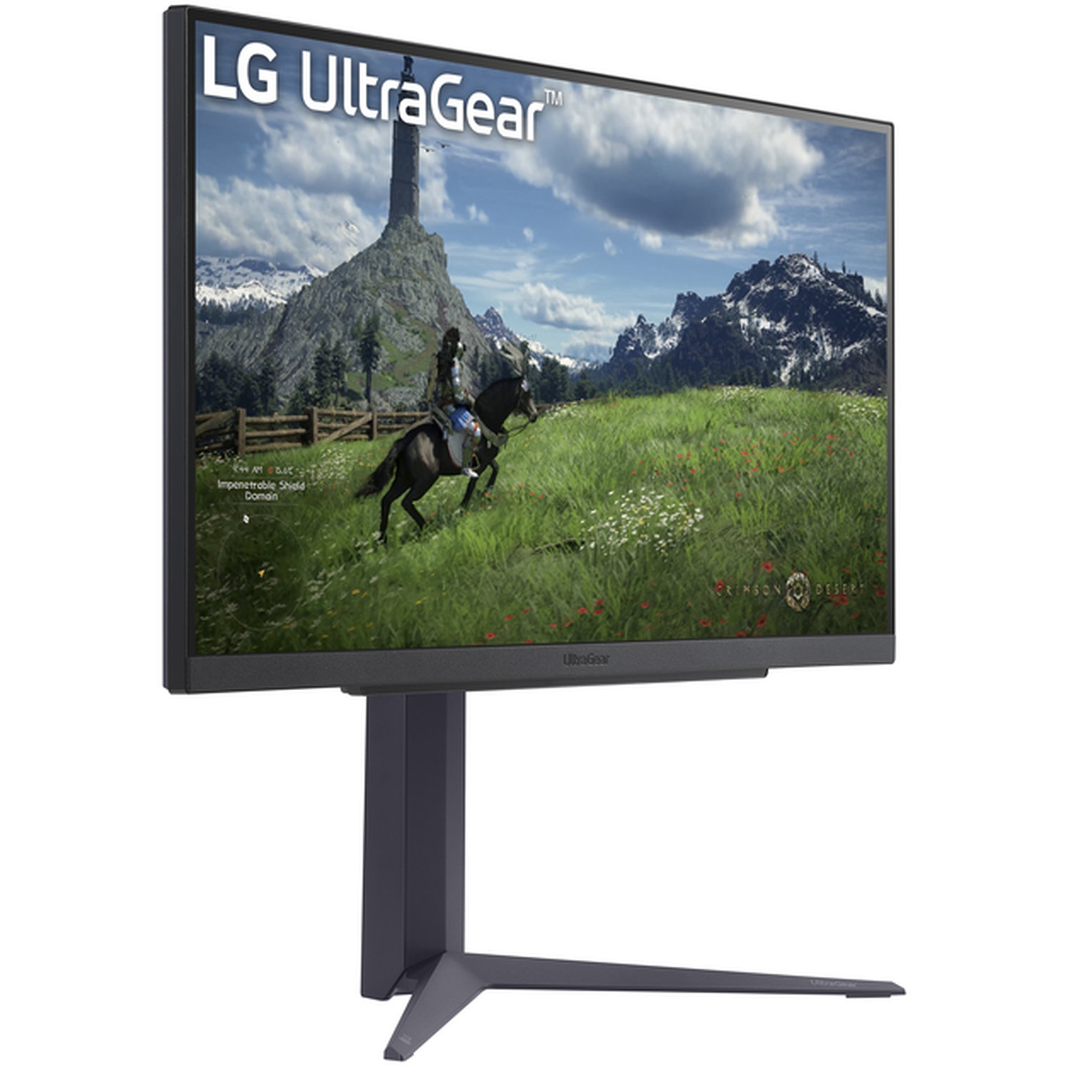 LG UltraGear monitor displays a scene of a knight on a horse in a grassy field, mountains in the background.