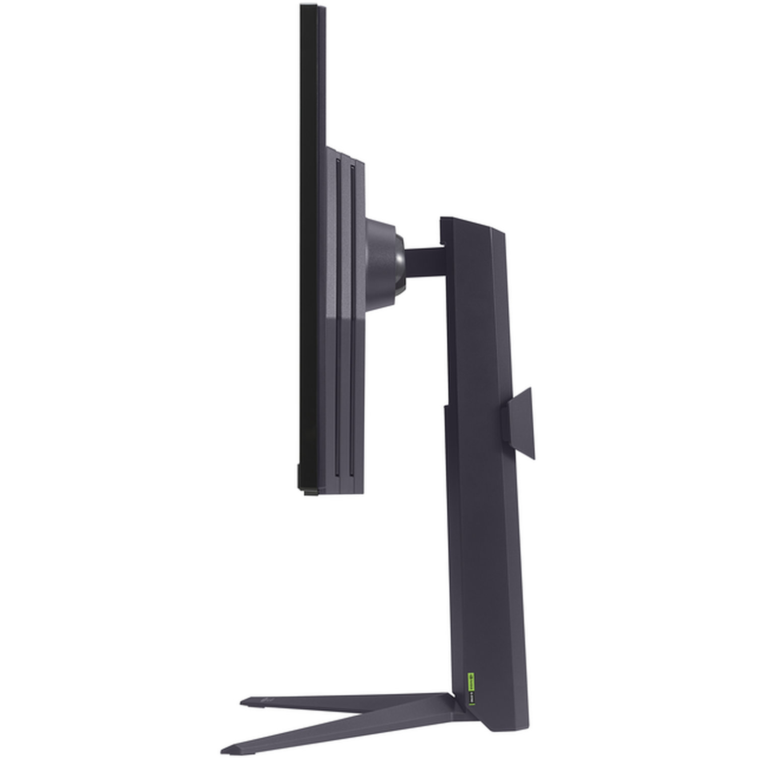 Side view of a dark gray computer monitor. It has a stand, adjustable arm, and a thin screen. The background is white.
