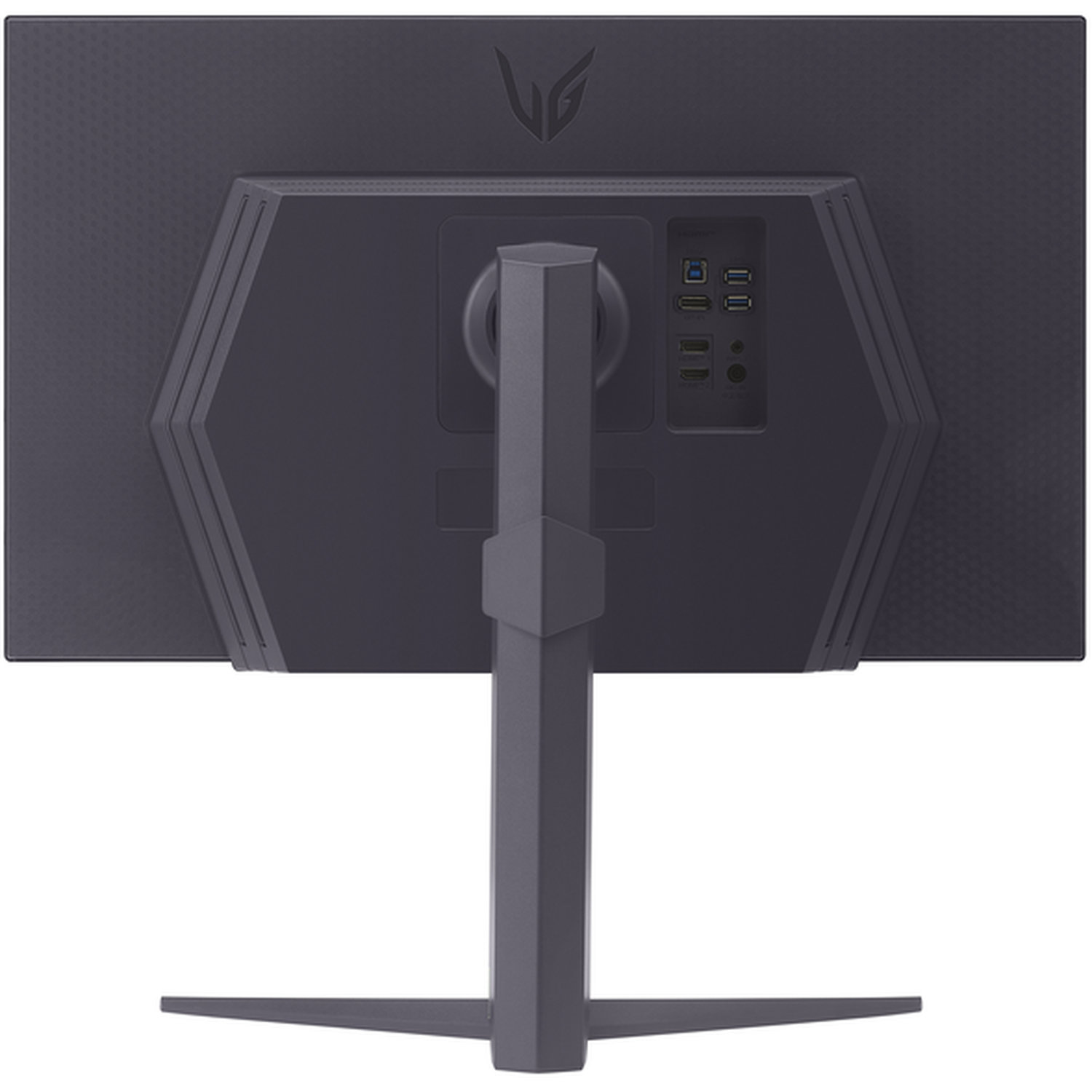 The back of a gray computer monitor is shown. It has a stand and multiple ports, including USB and HDMI.