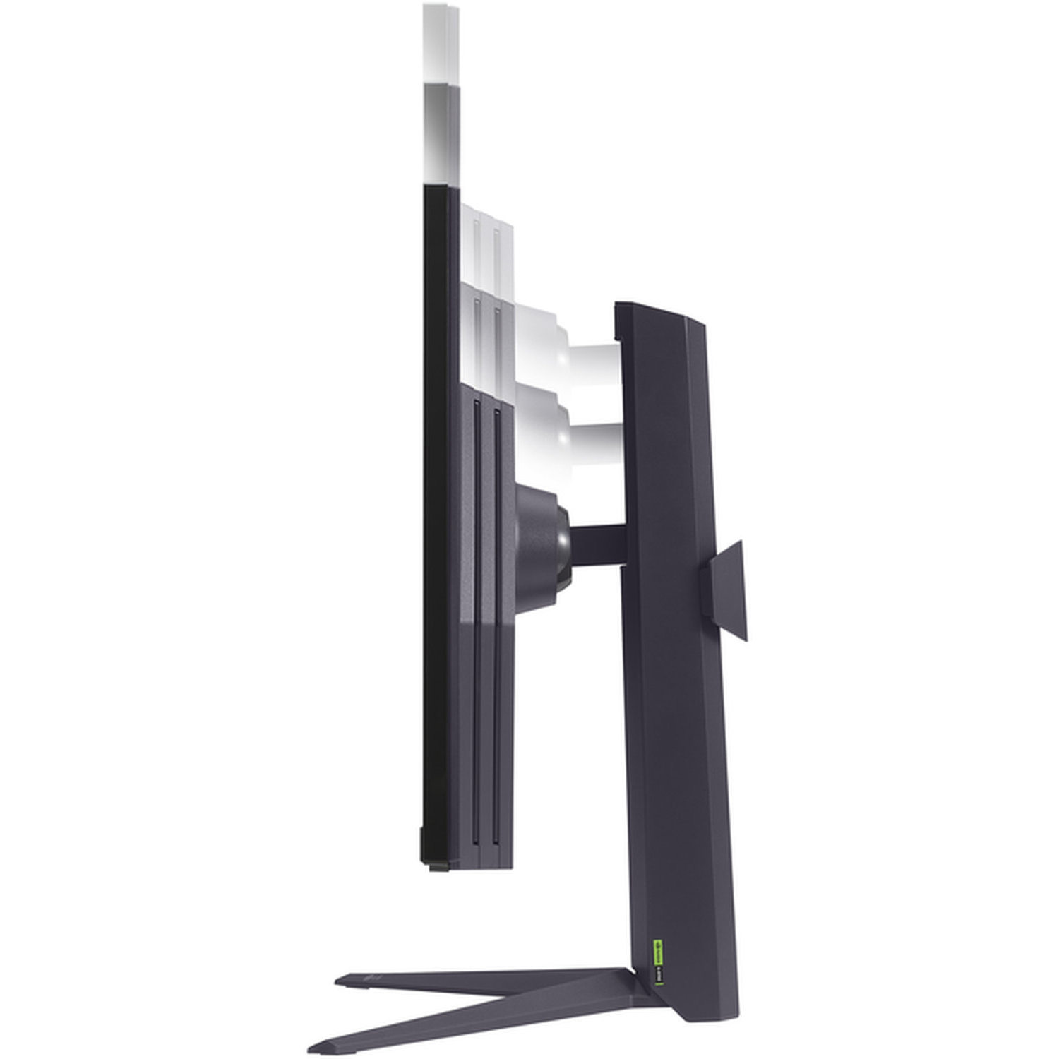Side view of a black computer monitor. It has a stand, a screen, and a port. The background is white.