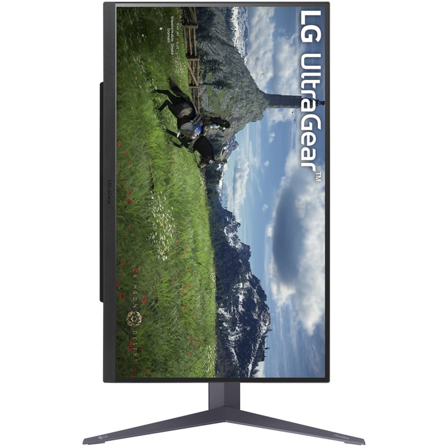LG UltraGear monitor displays a scene with two riders on horses in a green field, mountains in the background, and blue sky.