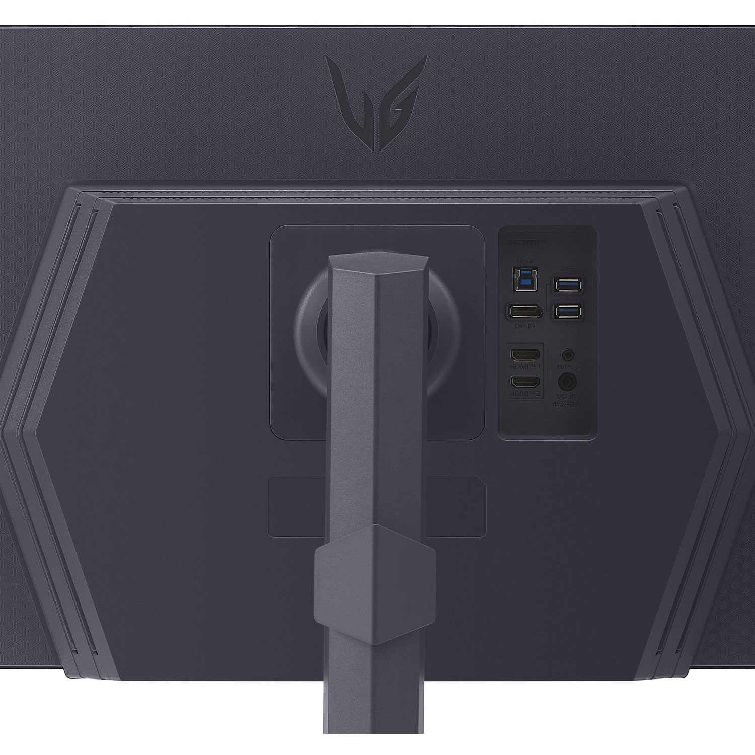 The back of a dark gray computer monitor, with ports, a stand, and an LG logo at the top. HDMI and USB ports are visible.