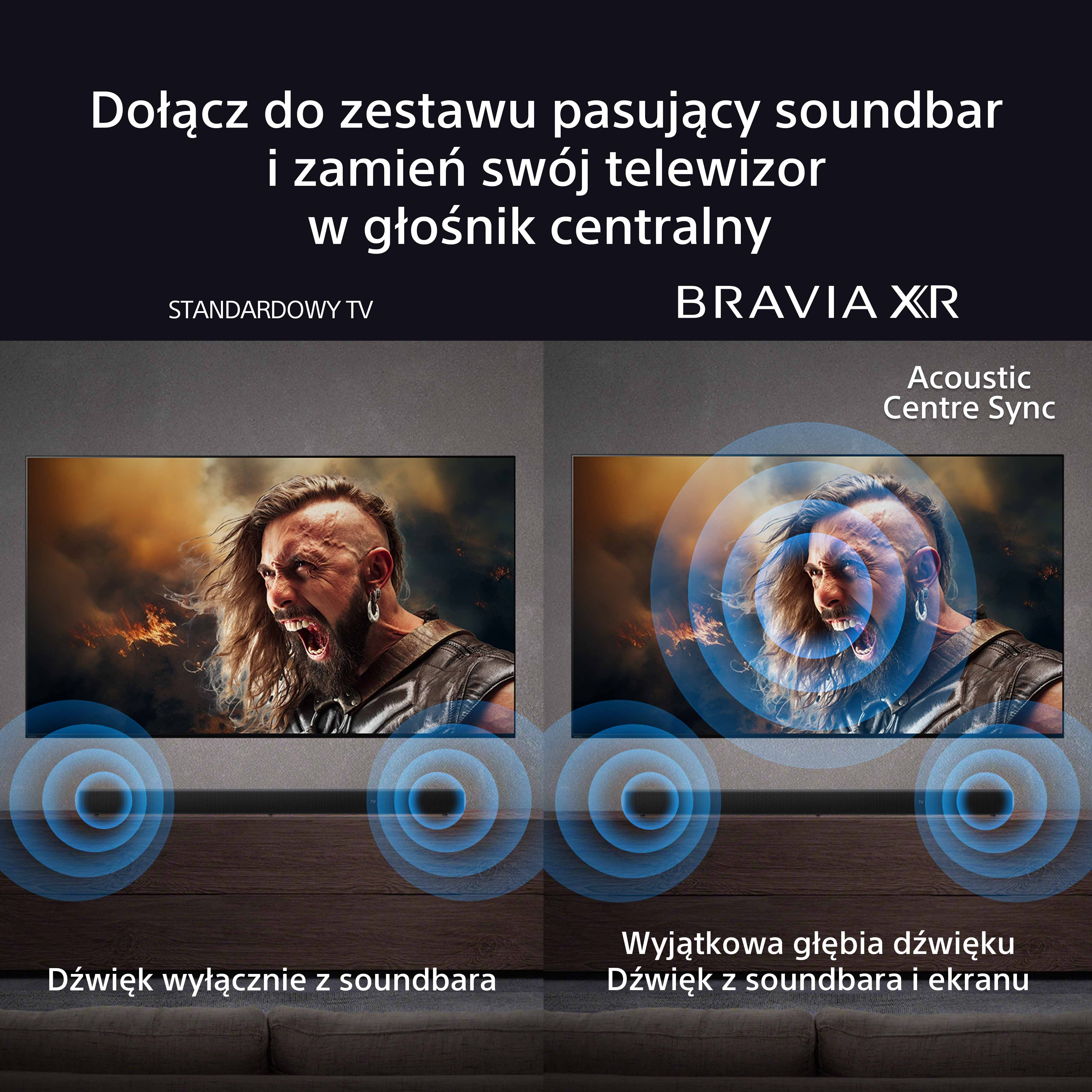 Dwa telewizory z mężczyzną, jeden z soundbarem, tekst o jakości dźwięku z falami dźwiękowymi.