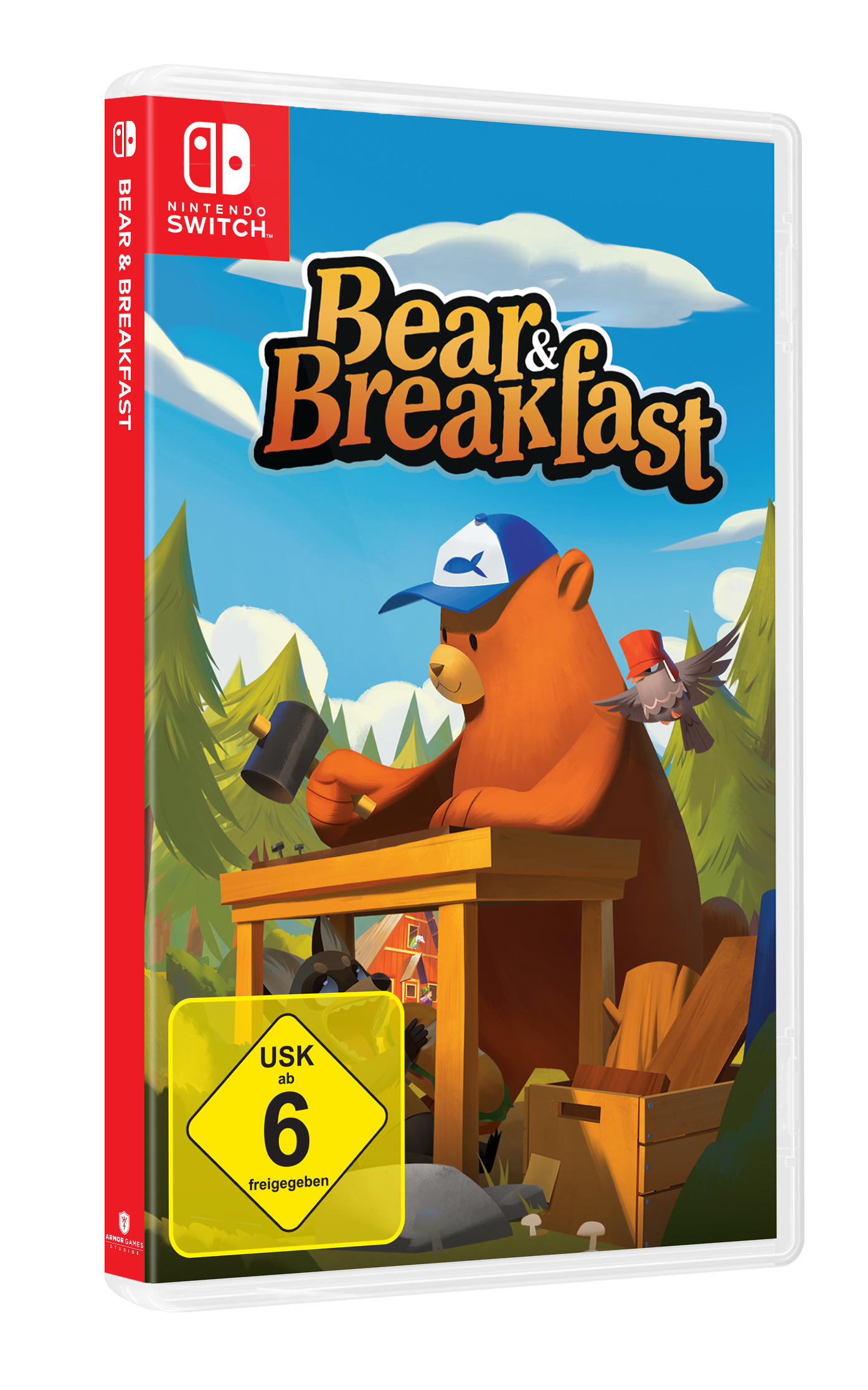 Nintendo Switch Spielbox: Bear & Breakfast. Ein Cartoon-Bär baut ein Haus.