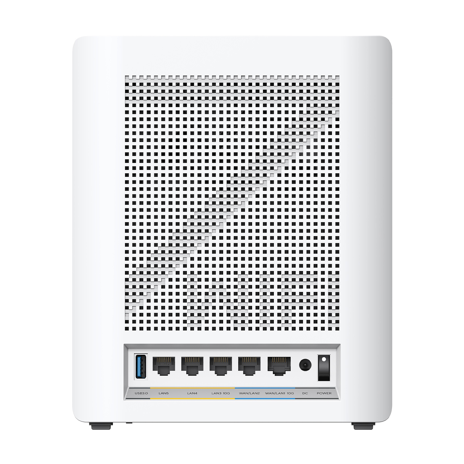 Router bianco con porte e un pulsante di accensione sul retro.