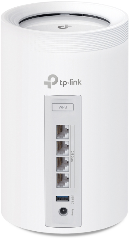 Fehér TP-Link router portokkal, USB-vel és WPS gombbal, fehér háttéren.