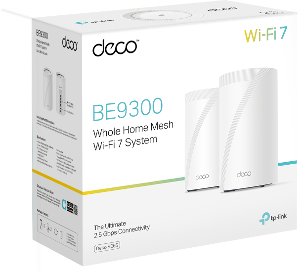 Egy fehér TP-Link Deco Wi-Fi 7 rendszer doboz, amely a terméket és a funkciókat mutatja.