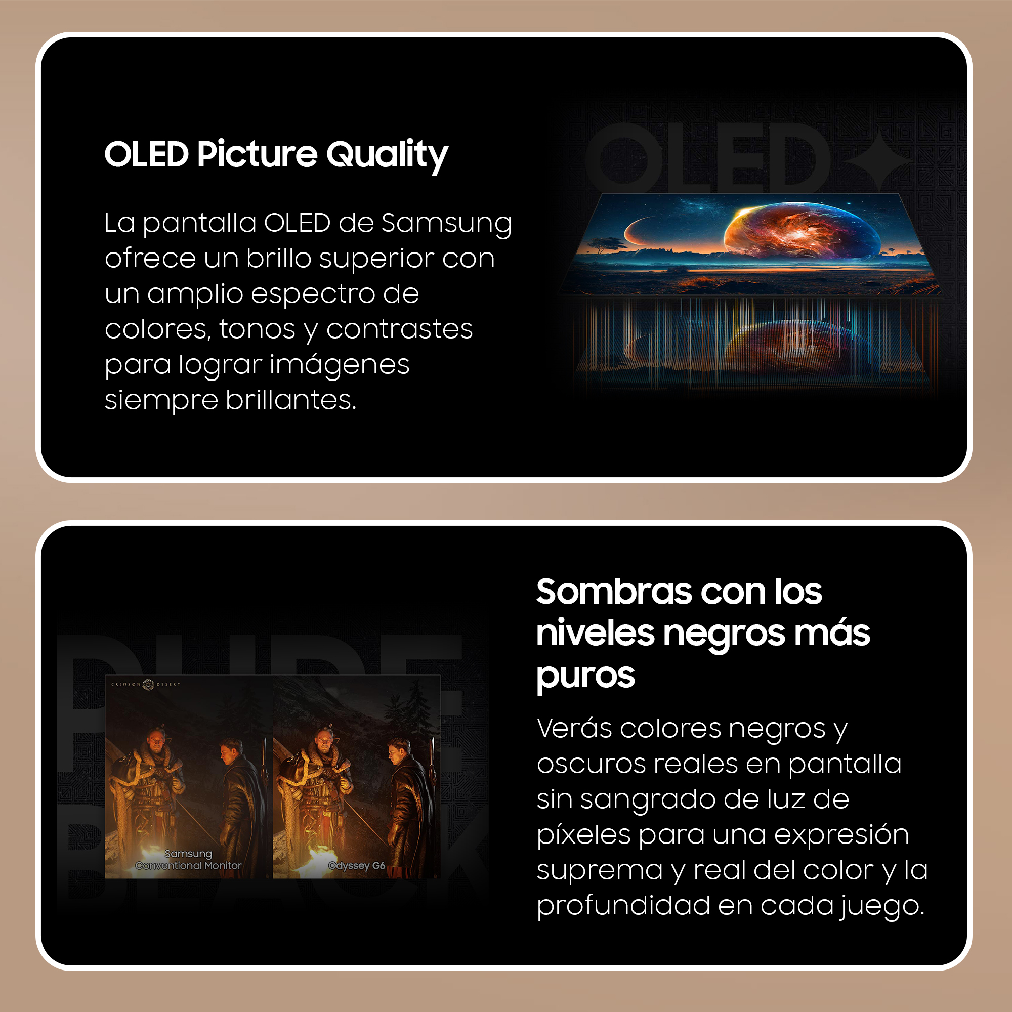 Imágenes muestran la calidad de imagen OLED, destacando colores, tonos y contrastes para imágenes vibrantes.