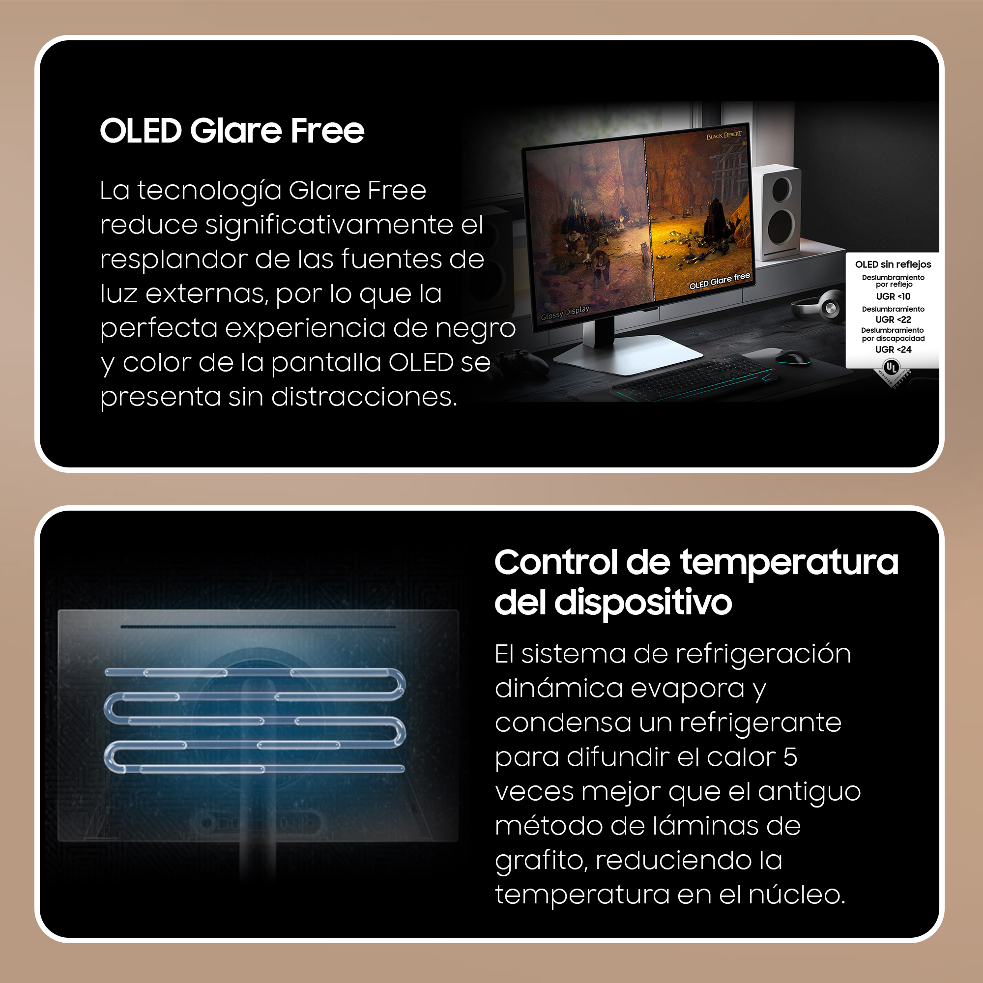 Anuncio con texto y diagramas que muestran las funciones OLED sin reflejos y refrigeración.