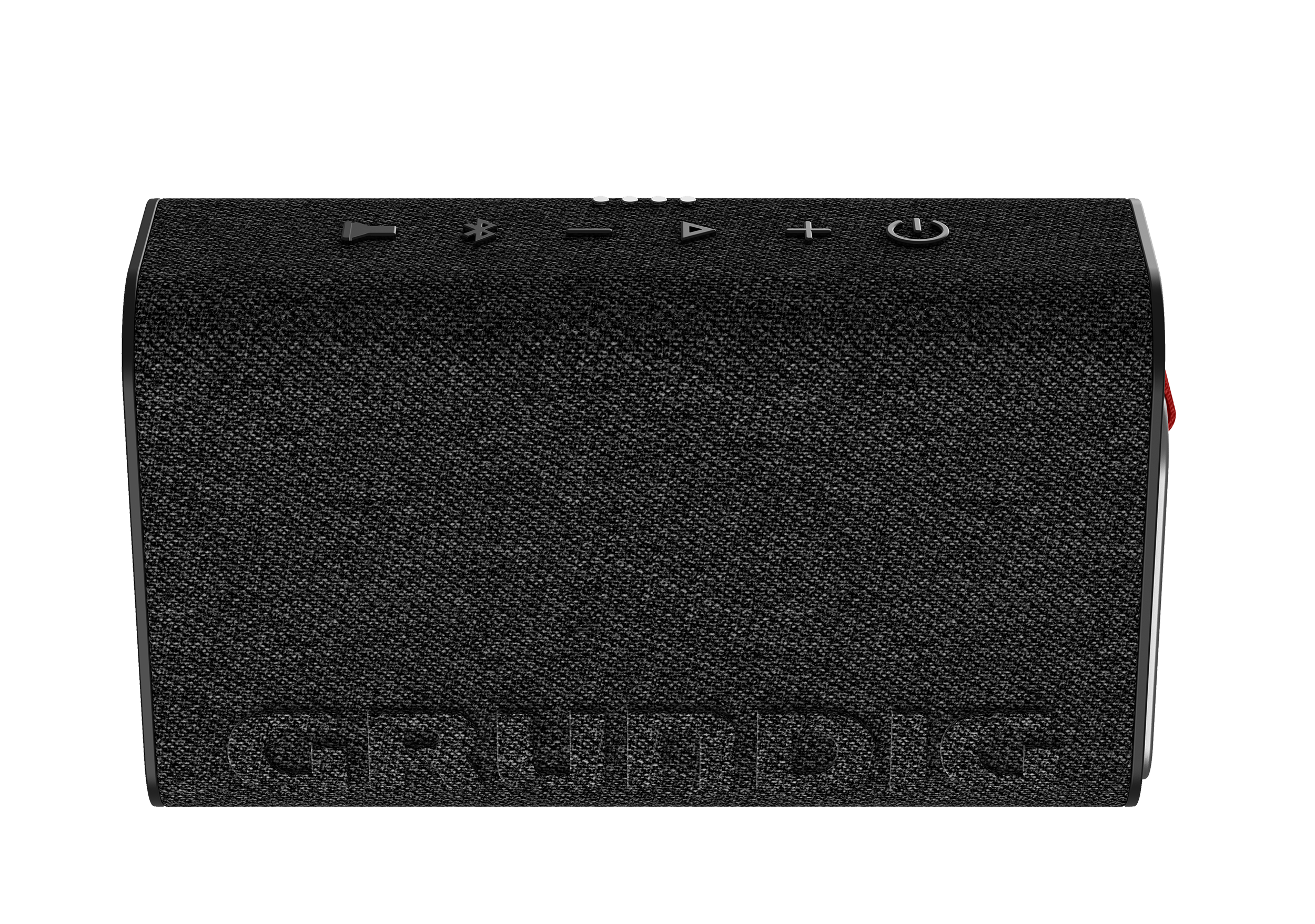 Üstünde düğmeler bulunan siyah, dikdörtgen bir hoparlör ve önünde 'GRUNDIG' yazısı.