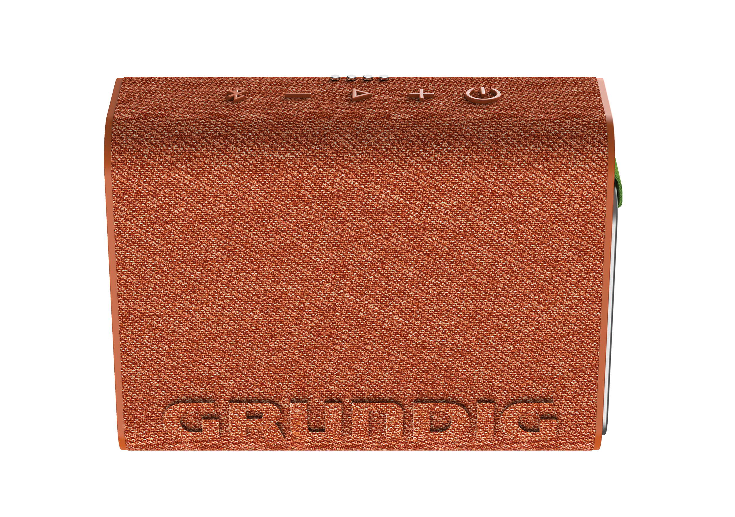 Üstünde düğmeler ve önünde marka adı bulunan küçük, turuncu bir Grundig hoparlör.