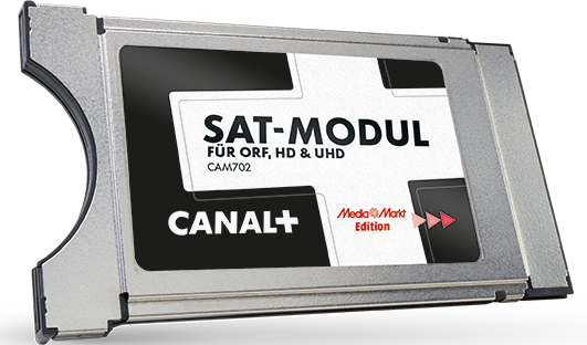 Silbernes SAT-Modul mit Text, ein roter Pfeil zeigt nach rechts mit dem Canal+ Logo.