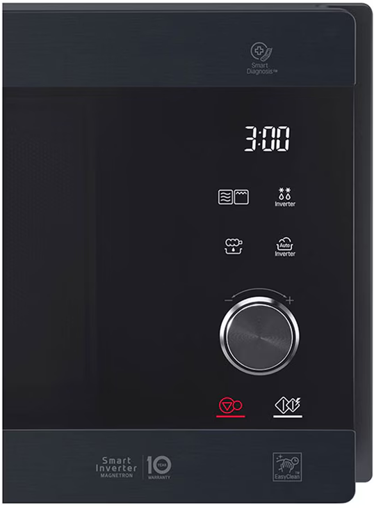 Four à micro-ondes noir avec un affichage numérique indiquant "3:00" et plusieurs boutons de commande.