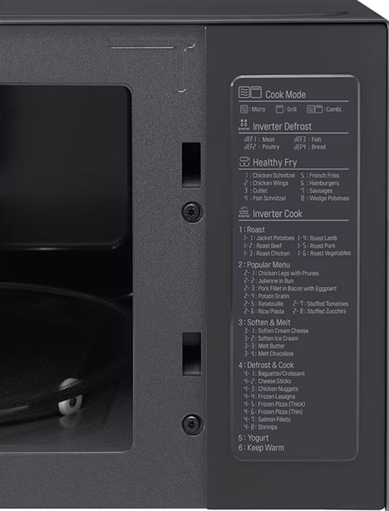 Gros plan sur le panneau de commande d'un micro-ondes avec des options de modes de cuisson et de types d'aliments.