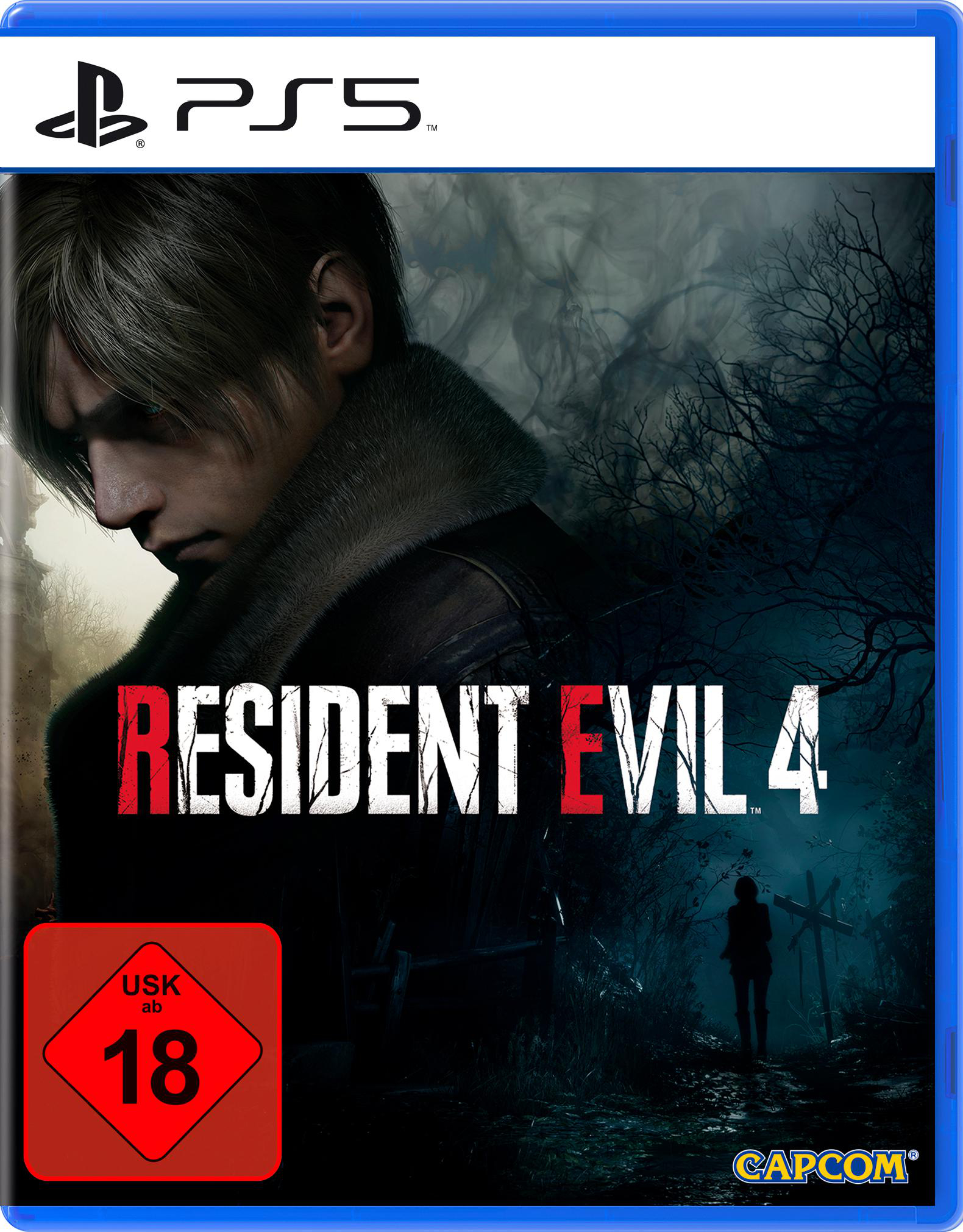 Spielbox. Titel 'Resident Evil 4' mit einem Mann in Lederjacke und Waldbild.