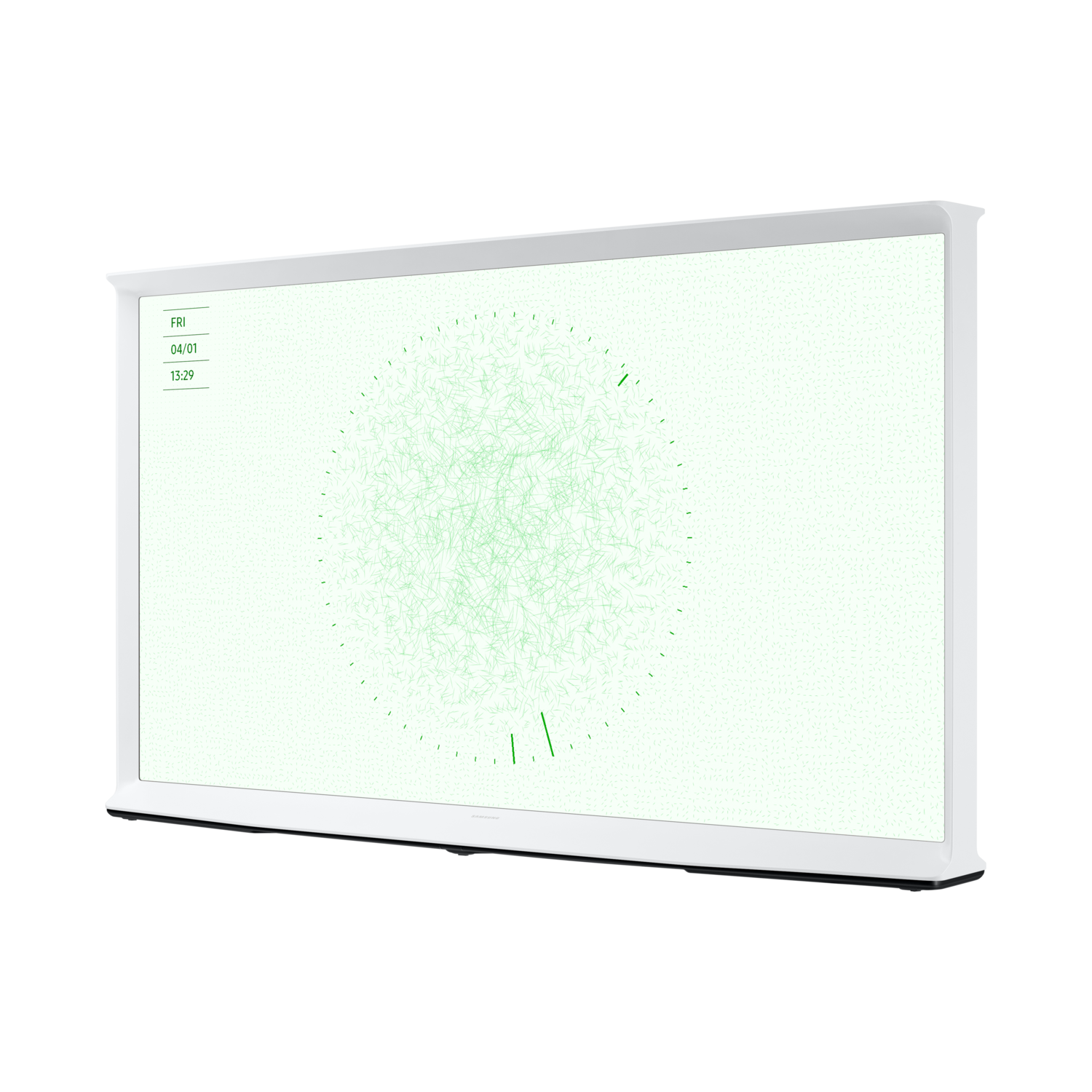 A white framed Samsung TV displays a green abstract clock design and time on the upper-left corner. The background is black.