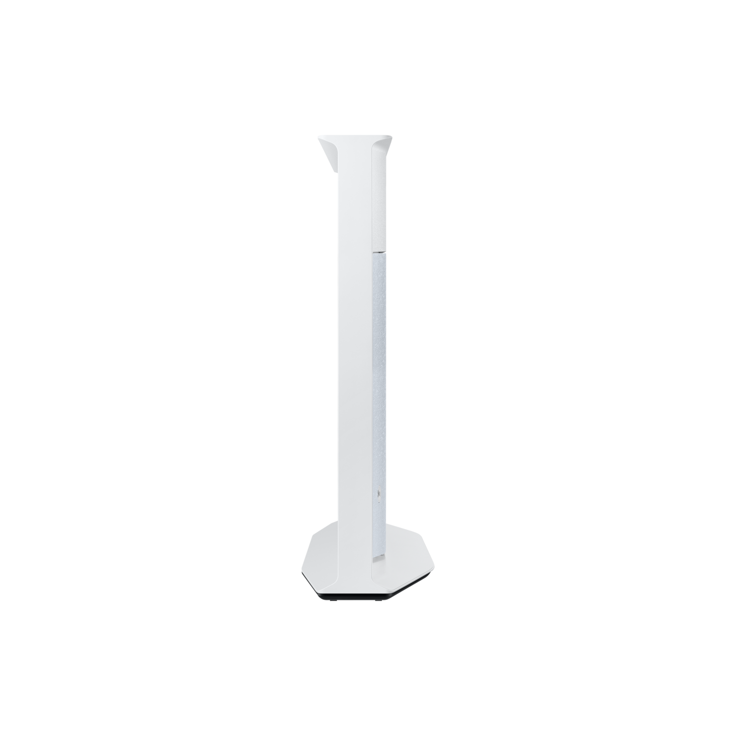 A white, vertical stand with a rectangular body and a hexagonal base, against a black background. The top is wider.