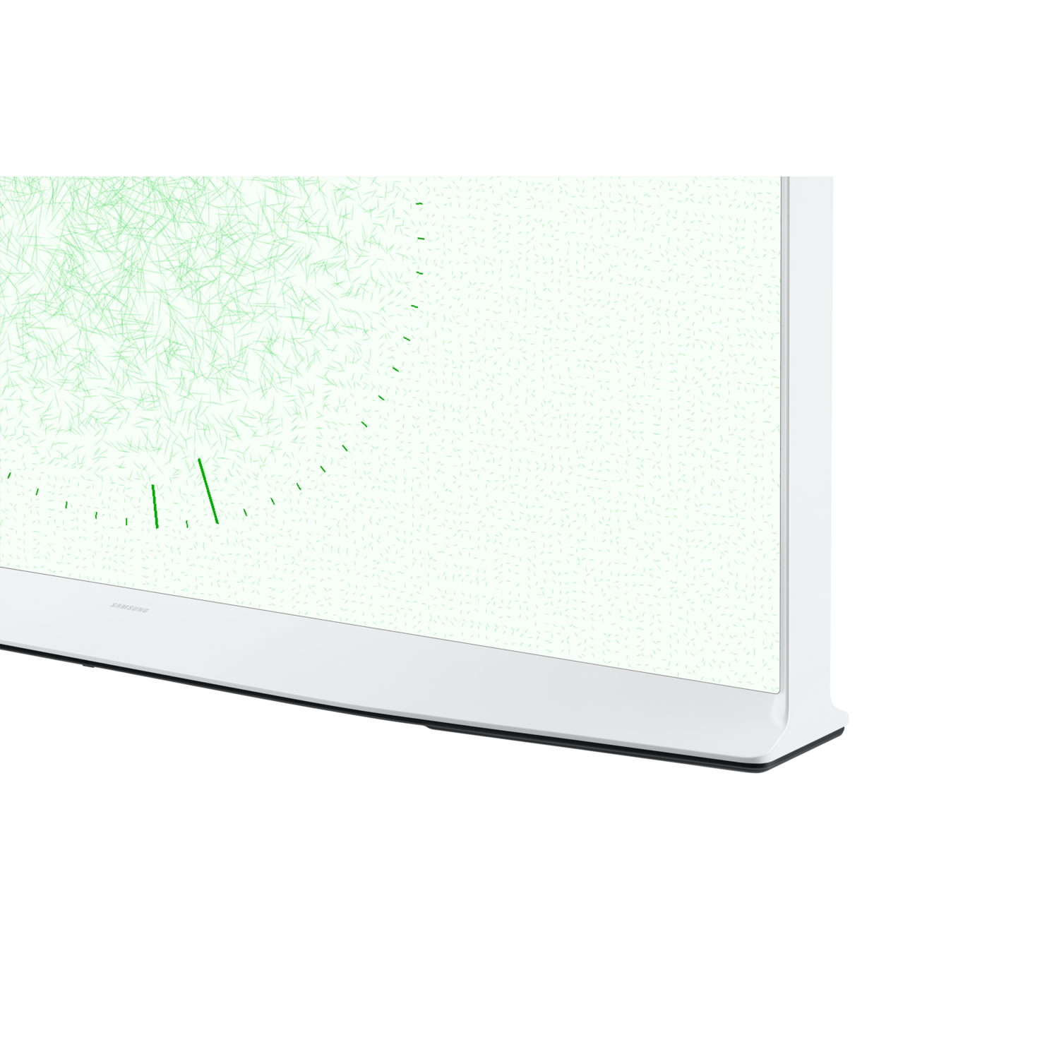 A white Samsung TV, displaying green abstract art. The screen shows light green lines and dots against a pale green background.
