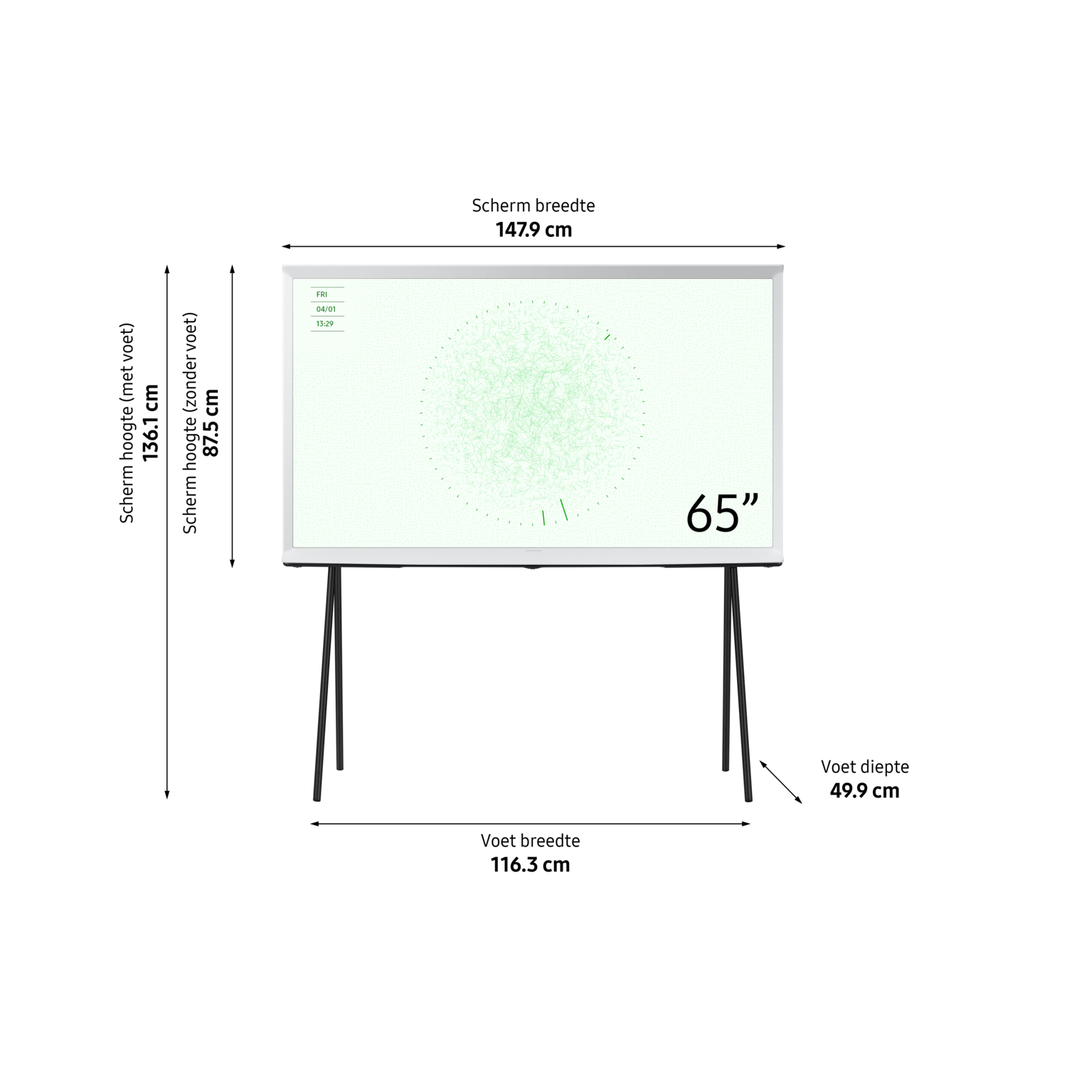 A 65-inch TV on a stand displays a green abstract pattern. The screen shows the date and time. The background is black.