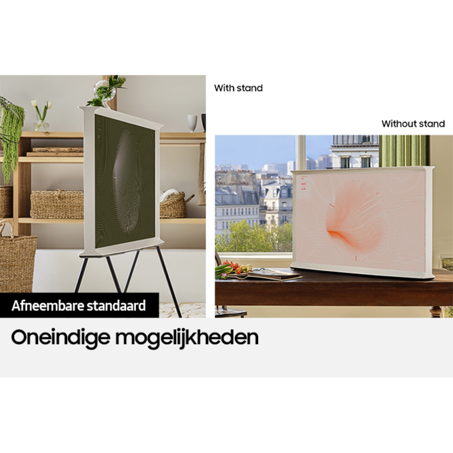 A white TV with a green screen stands on a black tripod. A TV is on a table. Text says 'Oneindige mogelijkheden'.