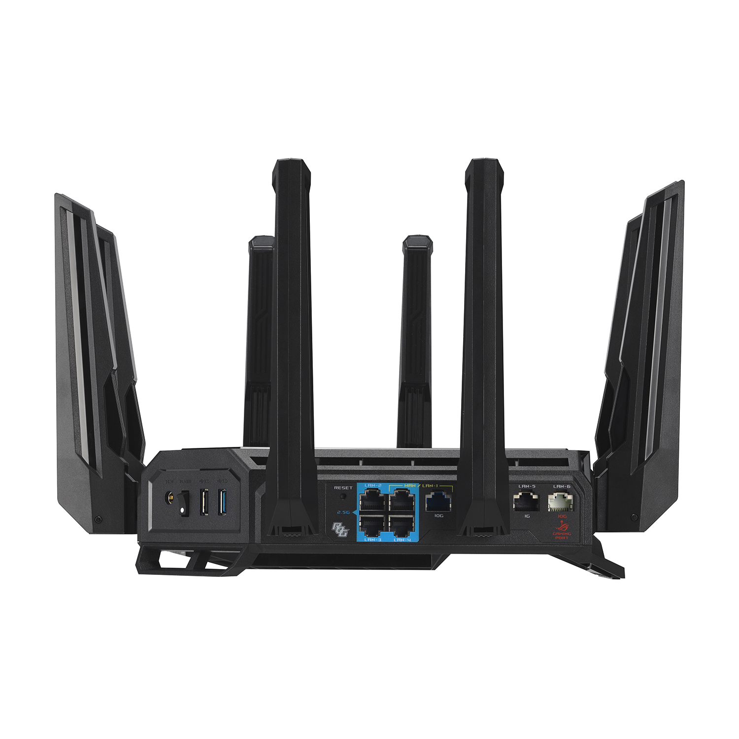 Un router nero con antenne, porte e USB. Vista posteriore, sfondo bianco.