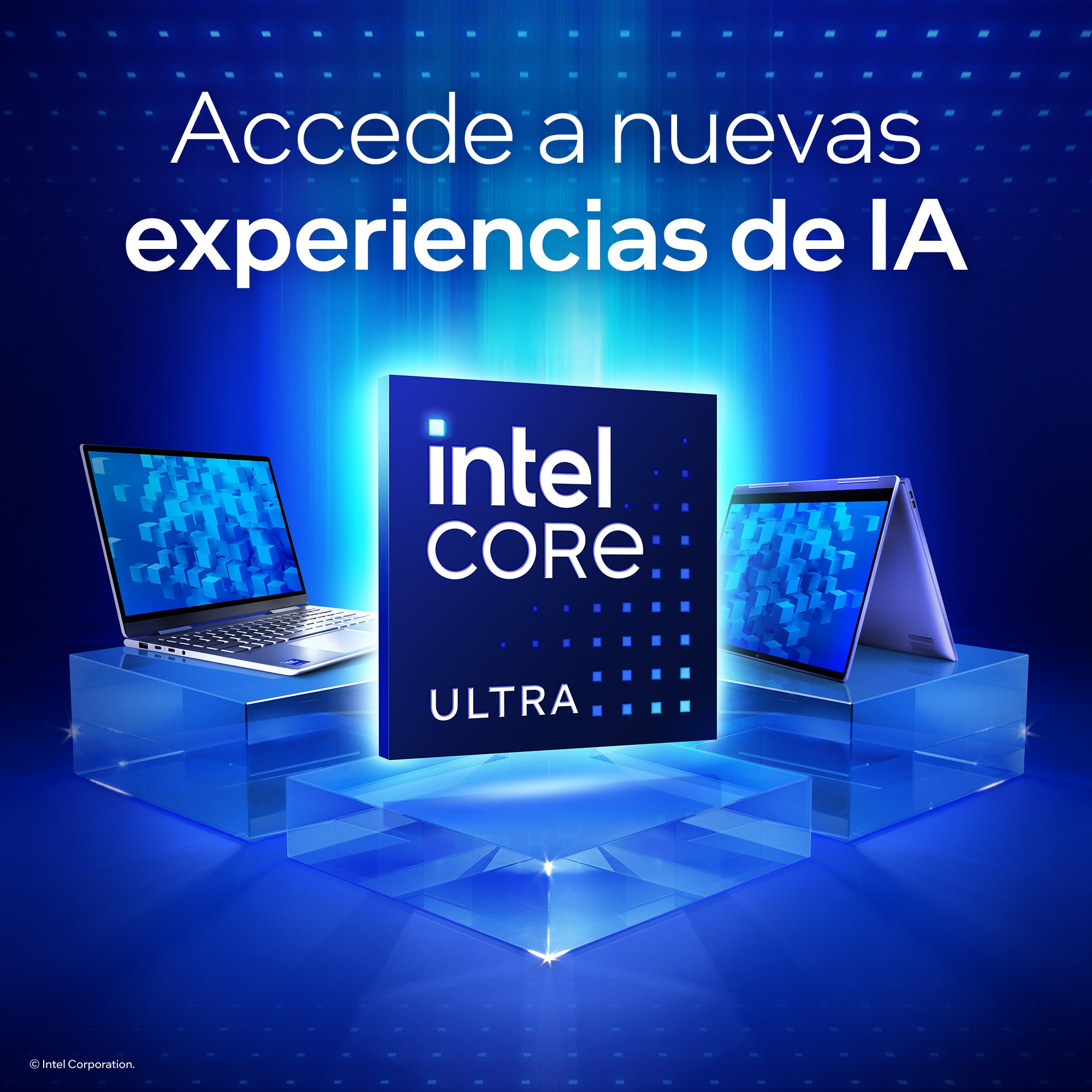 Imagen con el logotipo de Intel Core Ultra, un portátil y una tableta. Fondo azul.