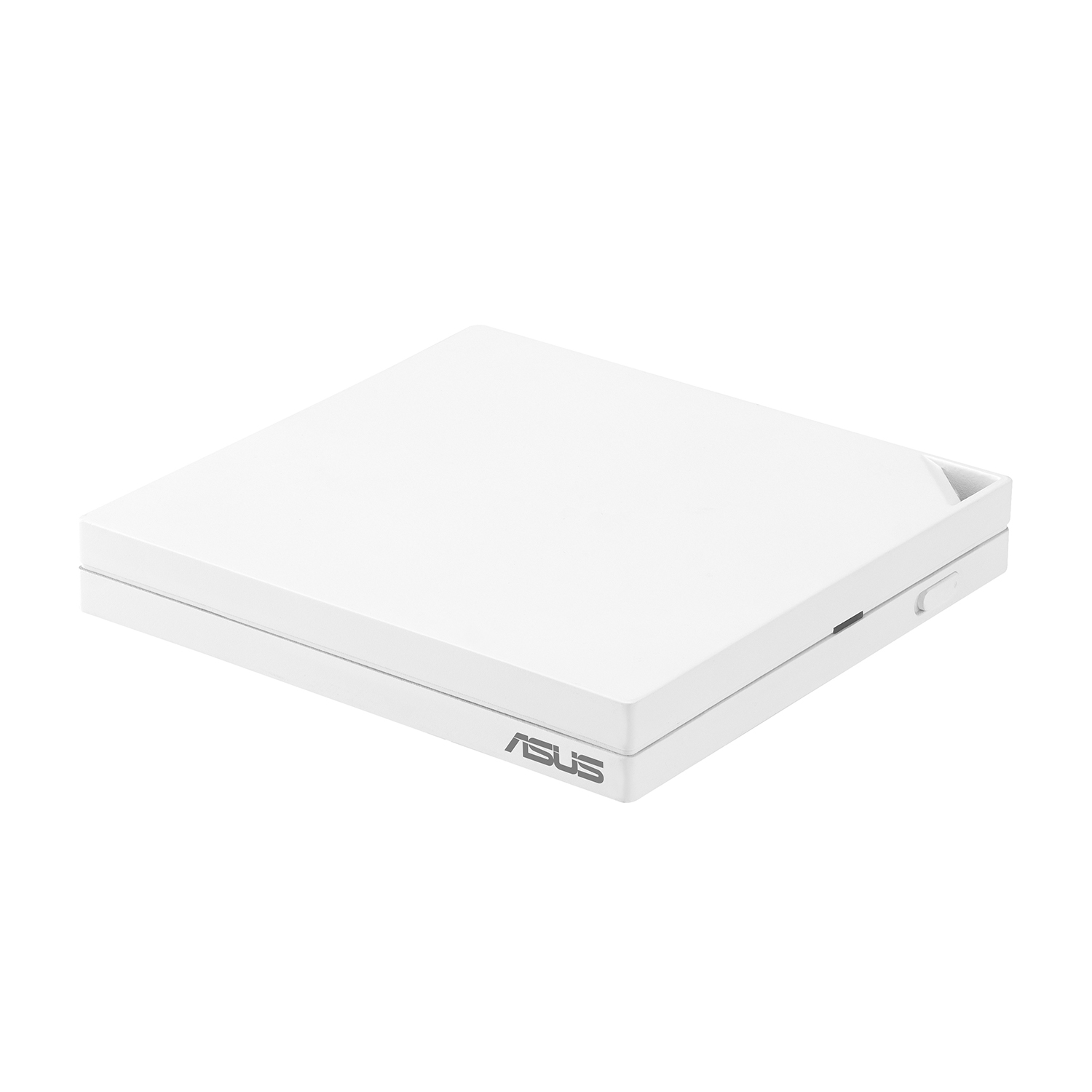 Un dispositivo quadrato bianco con la scritta ASUS sul lato.