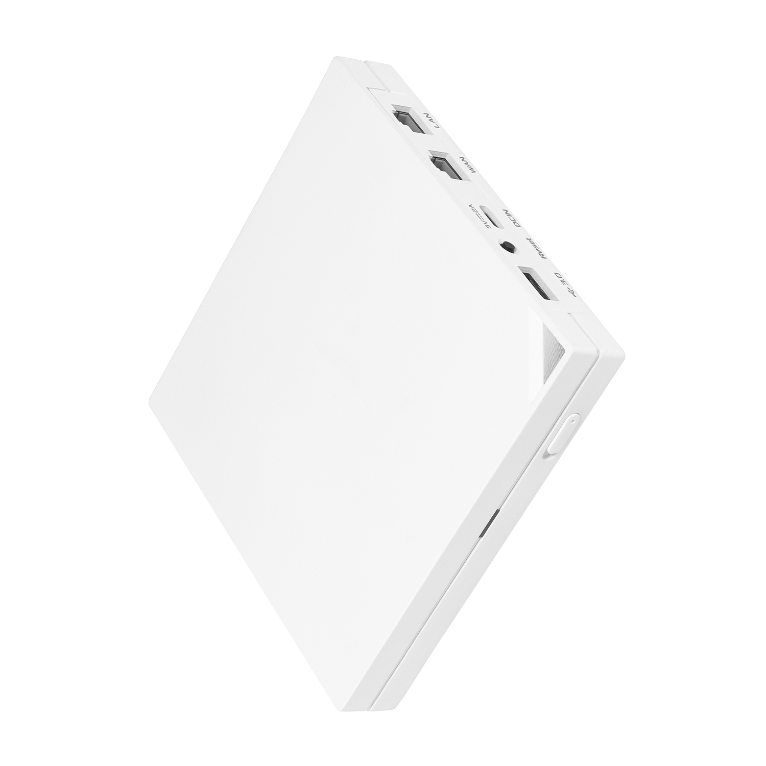 Dispositivo rettangolare bianco angolato. Ha porte e pulsanti sul lato. Superficie bianca pulita.