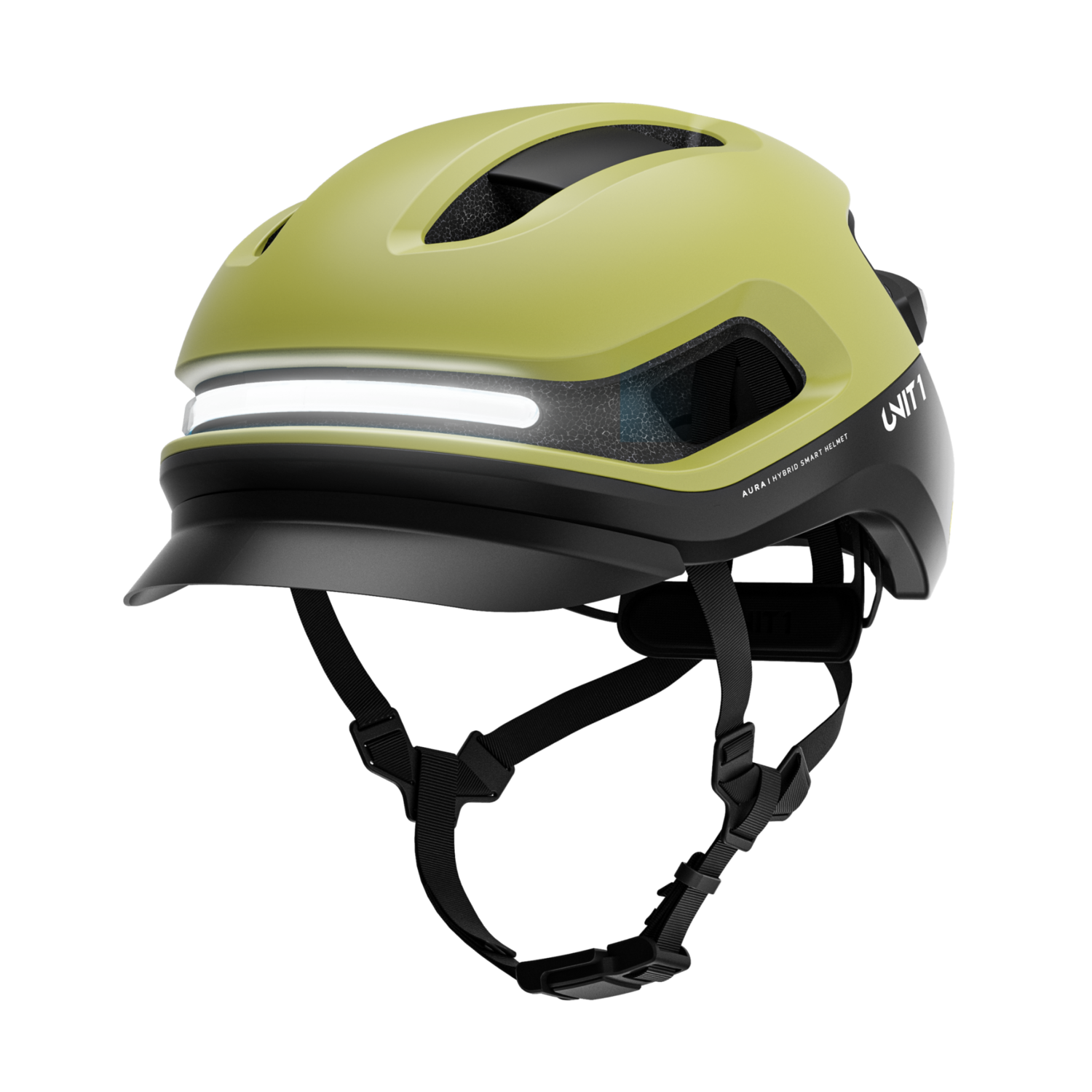 Een groene en zwarte UNIT 1 slimme helm, met een witte lichtbalk en een zwarte achtergrond.