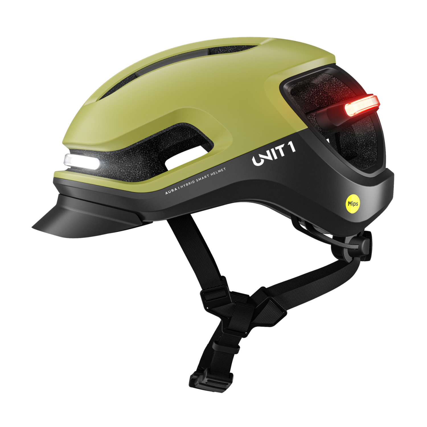 Unit 1 slimme helm. Olijfgroene en zwarte helm, met lampjes en een vizier.