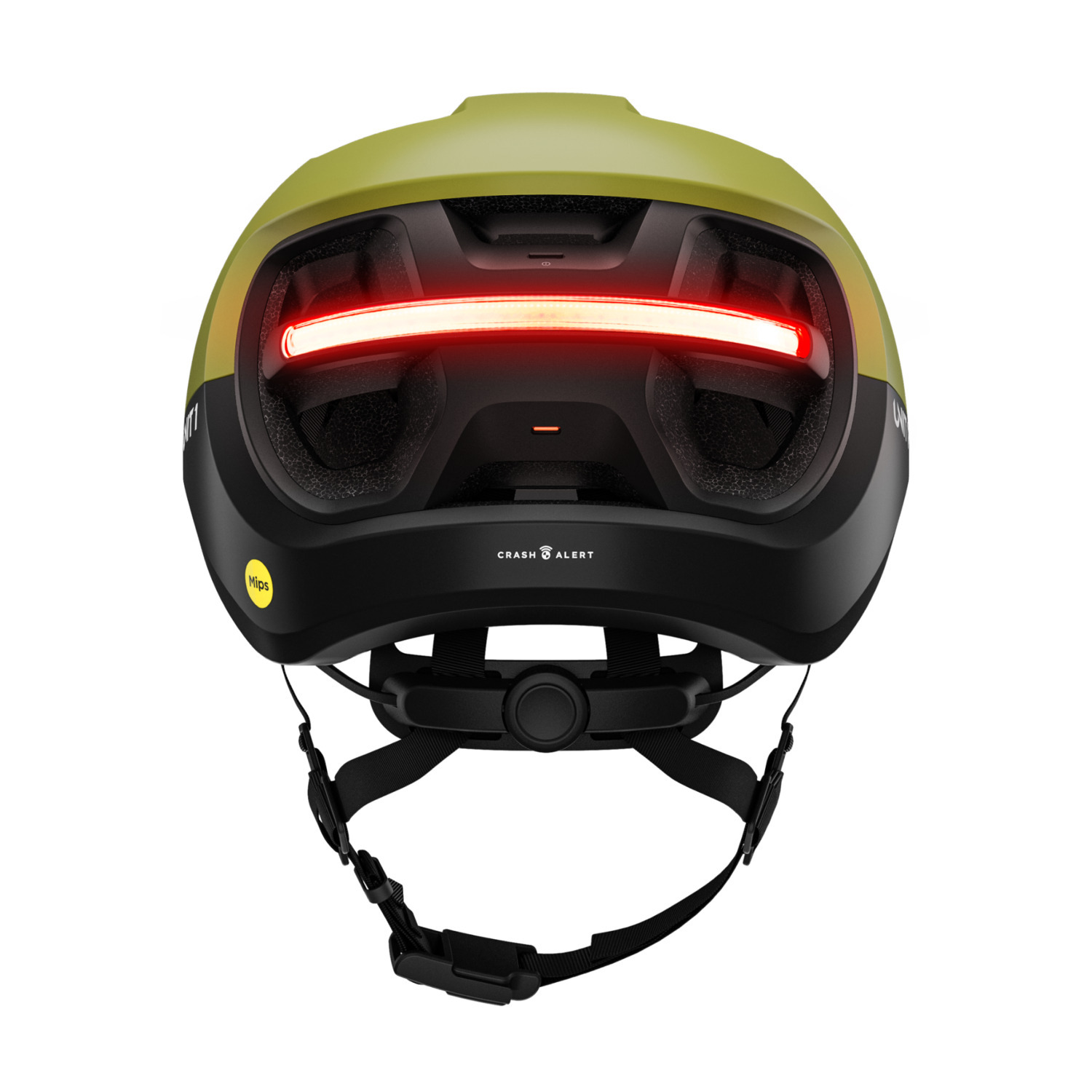Fietshelm met rood licht. De helm is olijfgroen en zwart met een crashwaarschuwing.