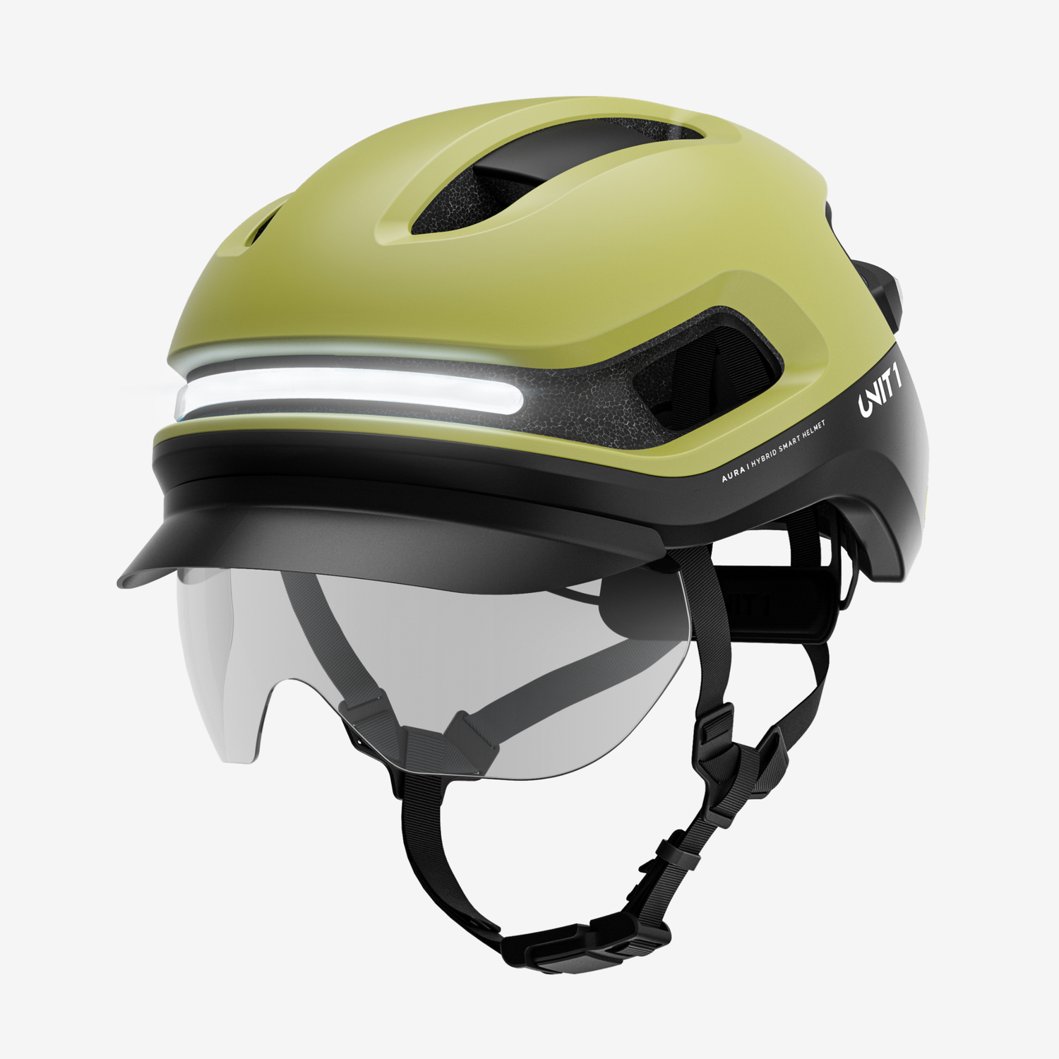 Groene en zwarte slimme helm met vizier en lichten. Unit 1 tekst op de zijkant.