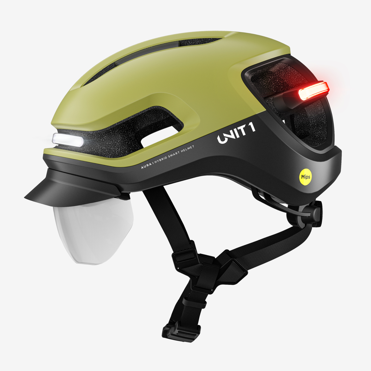Groene en zwarte fietshelm met vizier, LED-verlichting en de tekst 'UNIT 1'.