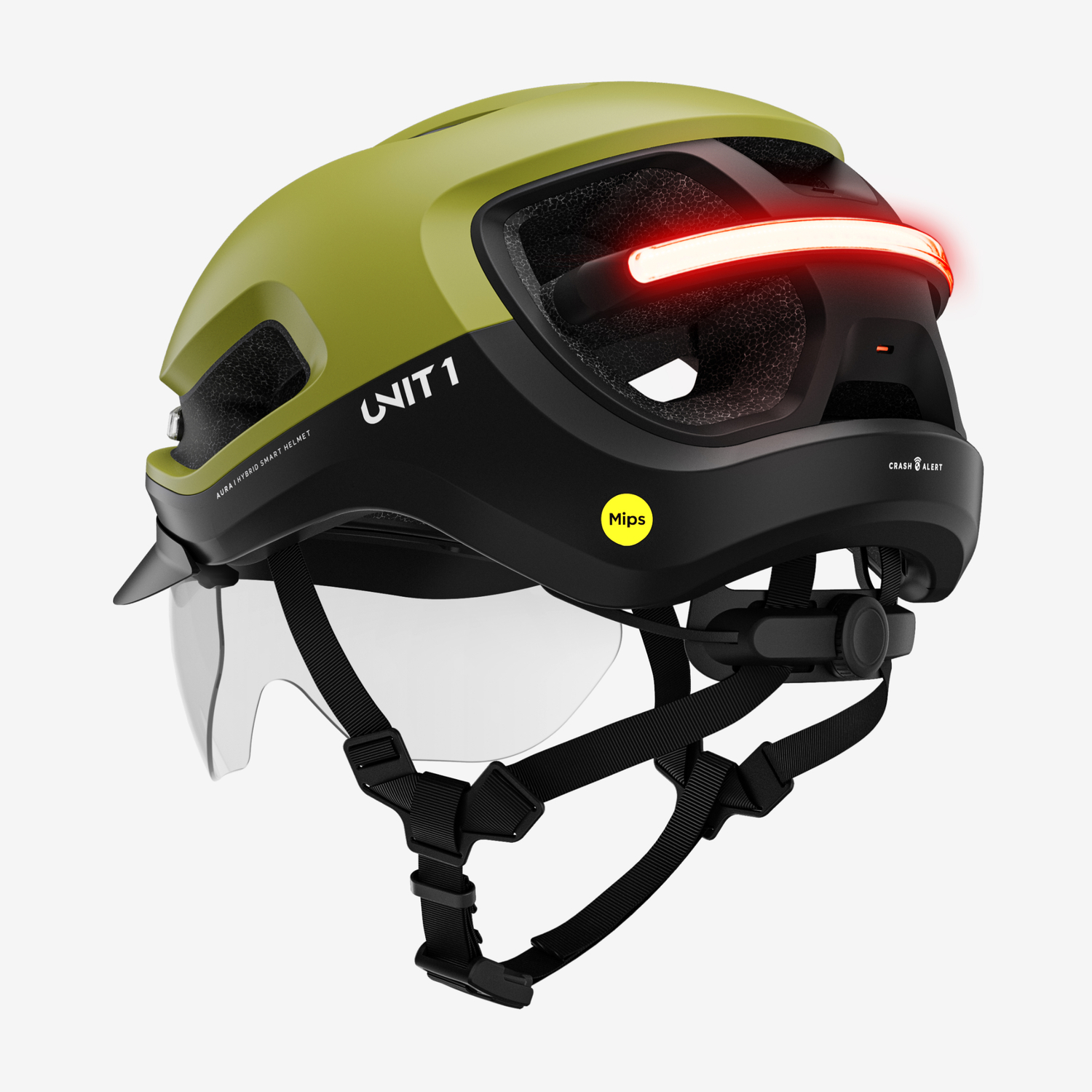 Groen-zwarte slimme helm met rood licht, een vizier en een camerabevestiging.
