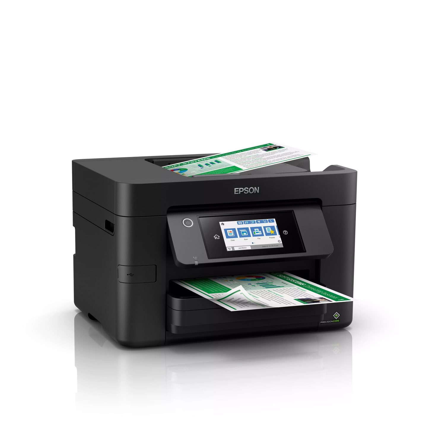 Black Epson printer printing two sheets of paper. White background.