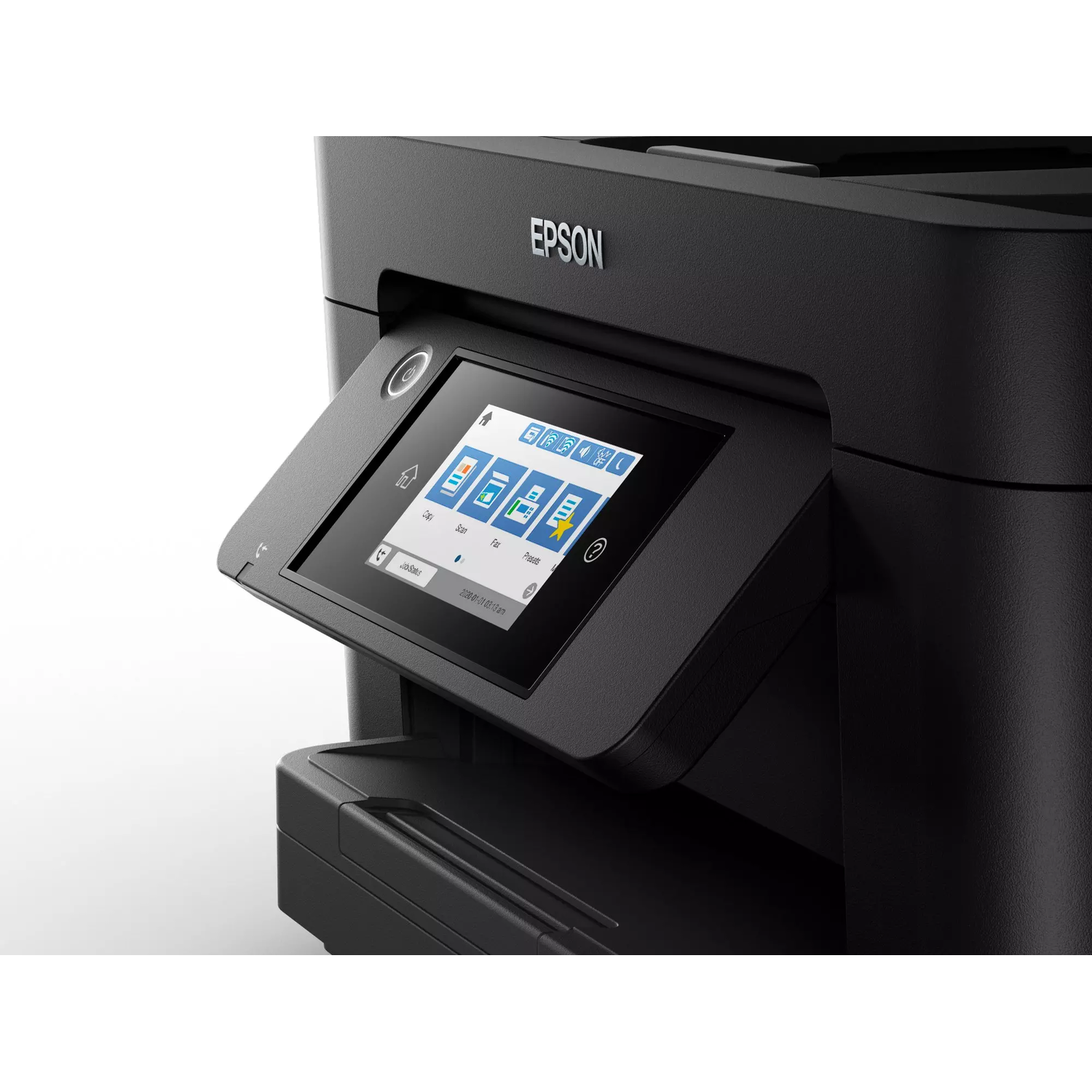 Close up of a black printer showing the touchscreen and the Epson logo.