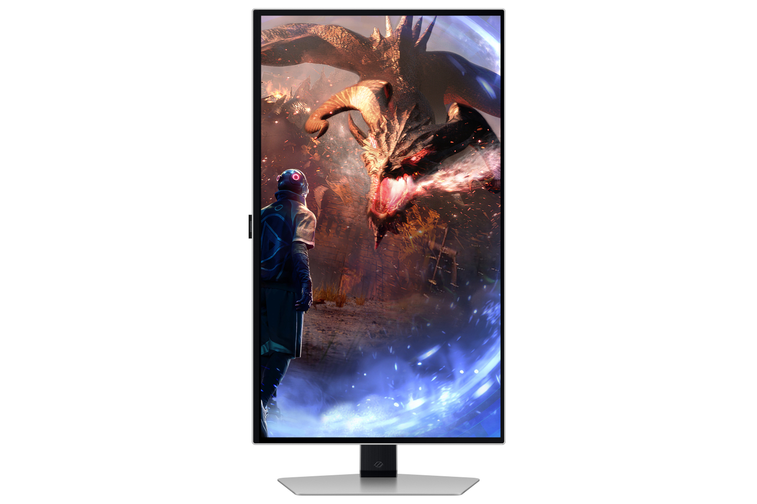 A monitor displaying a fantasy scene with a dragon and a figure facing it.