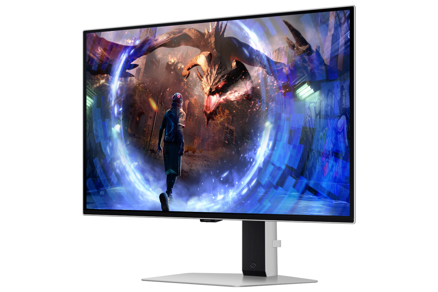 A monitor displays a fantasy scene with a dragon. A person stands in front of the screen.