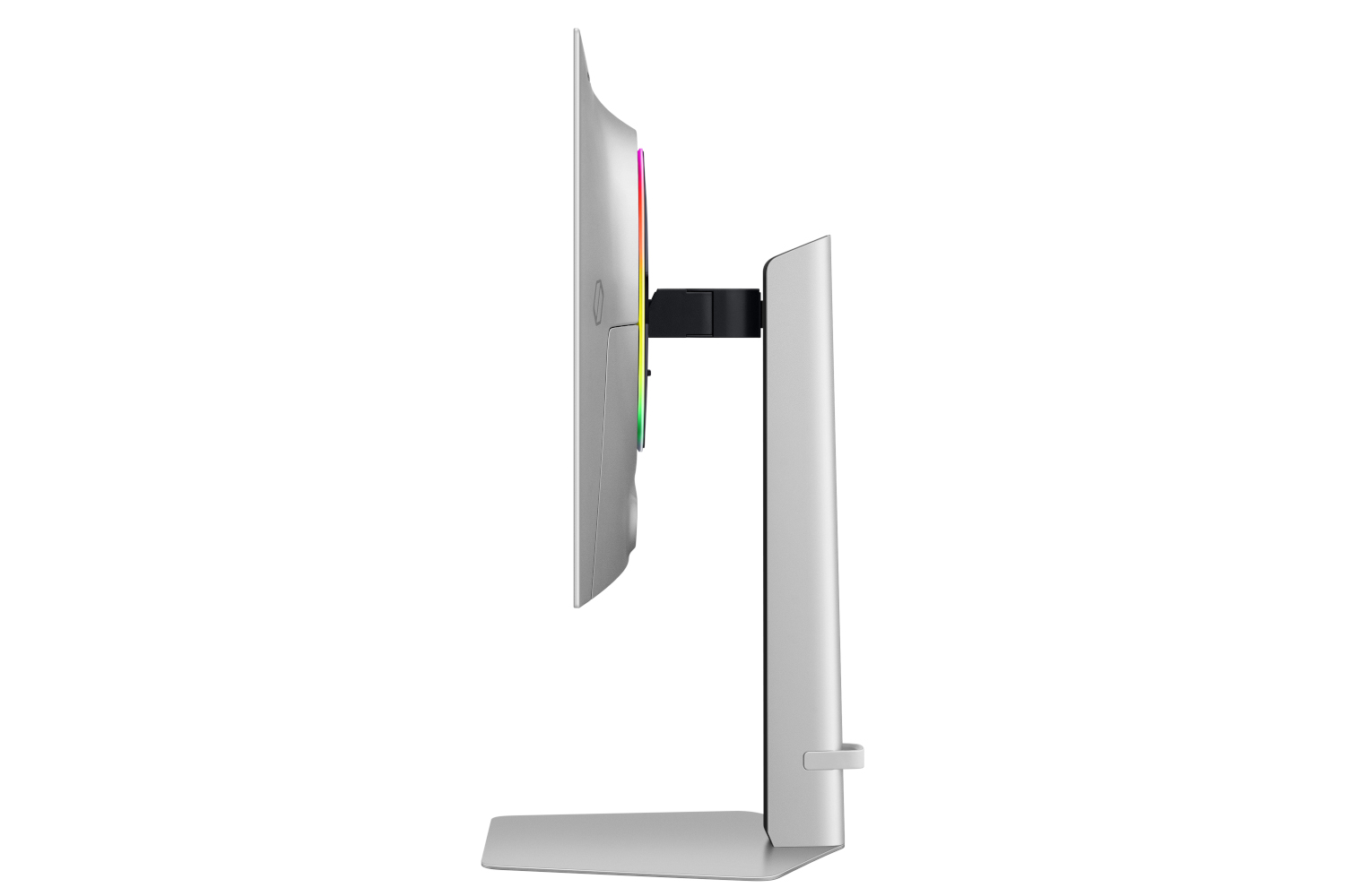 A computer monitor in profile view, silver and white, with an RGB light strip on the back.