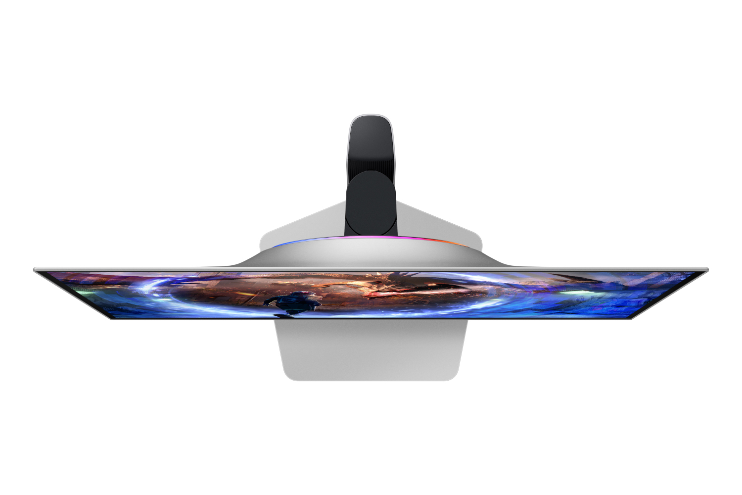 Top view of a monitor with a curved screen and a stand with a colored ring.