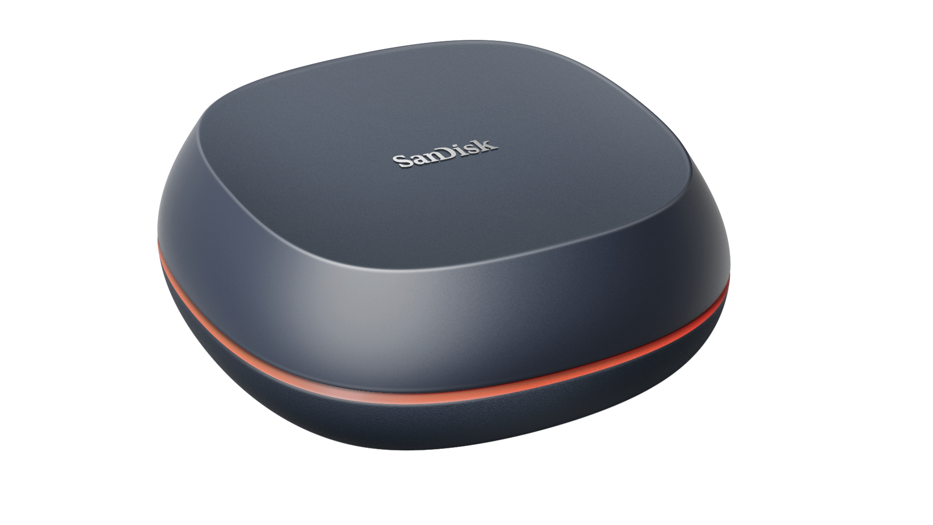 Eine dunkelgraue und orangefarbene externe Festplatte von SanDisk auf weißem Grund.