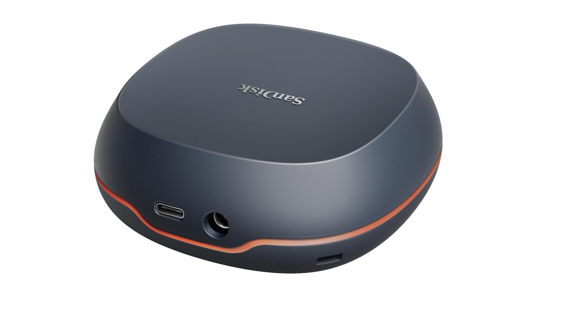 Dunkelblaue kleine externe Festplatte mit USB-C-Anschluss und orangefarbenem Akzent.