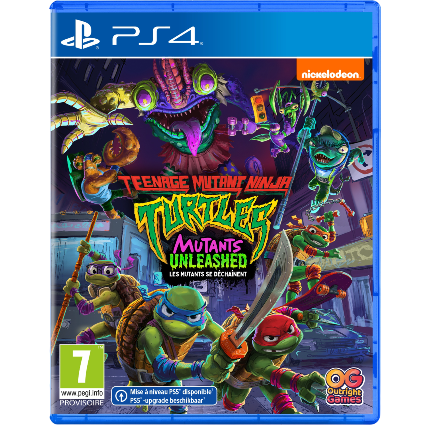Video game box art voor een Teenage Mutant Ninja Turtles game, met karakters op de cover.