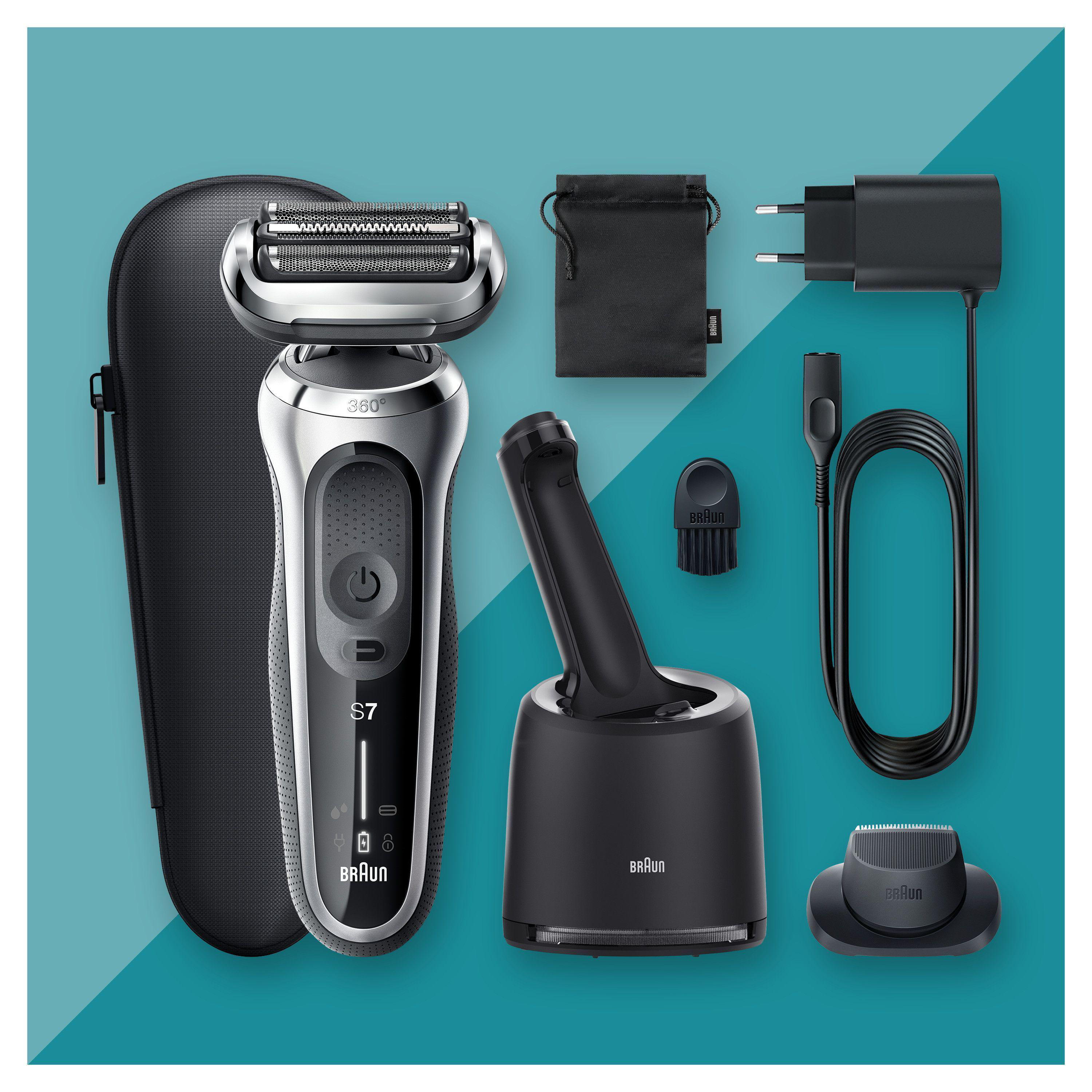 Ein Rasier-Set mit einem elektrischen Rasierer, Ladegerät, Trimmer, Reinigungsbürste und Reiseetui.